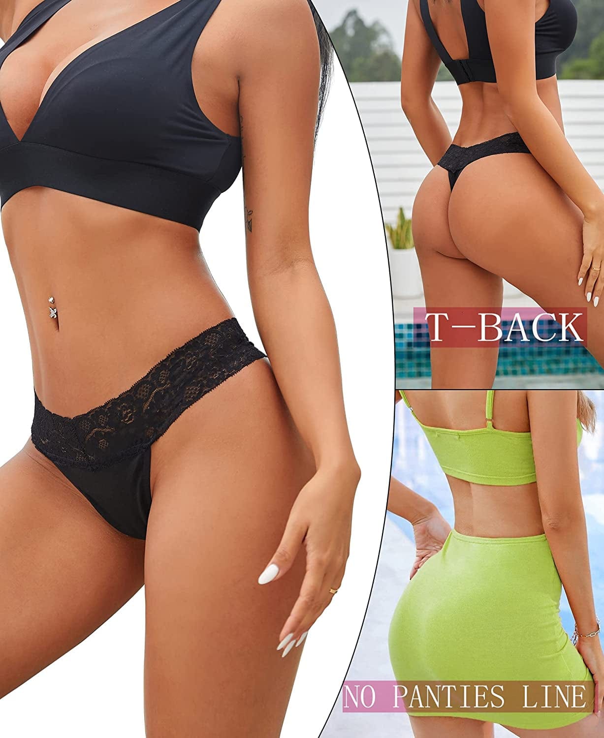 6 Pack Cotton Thongs for Women Sexy V-Waist Lace Women’S Underwear Breathable No Show T-Back Tanga Panties