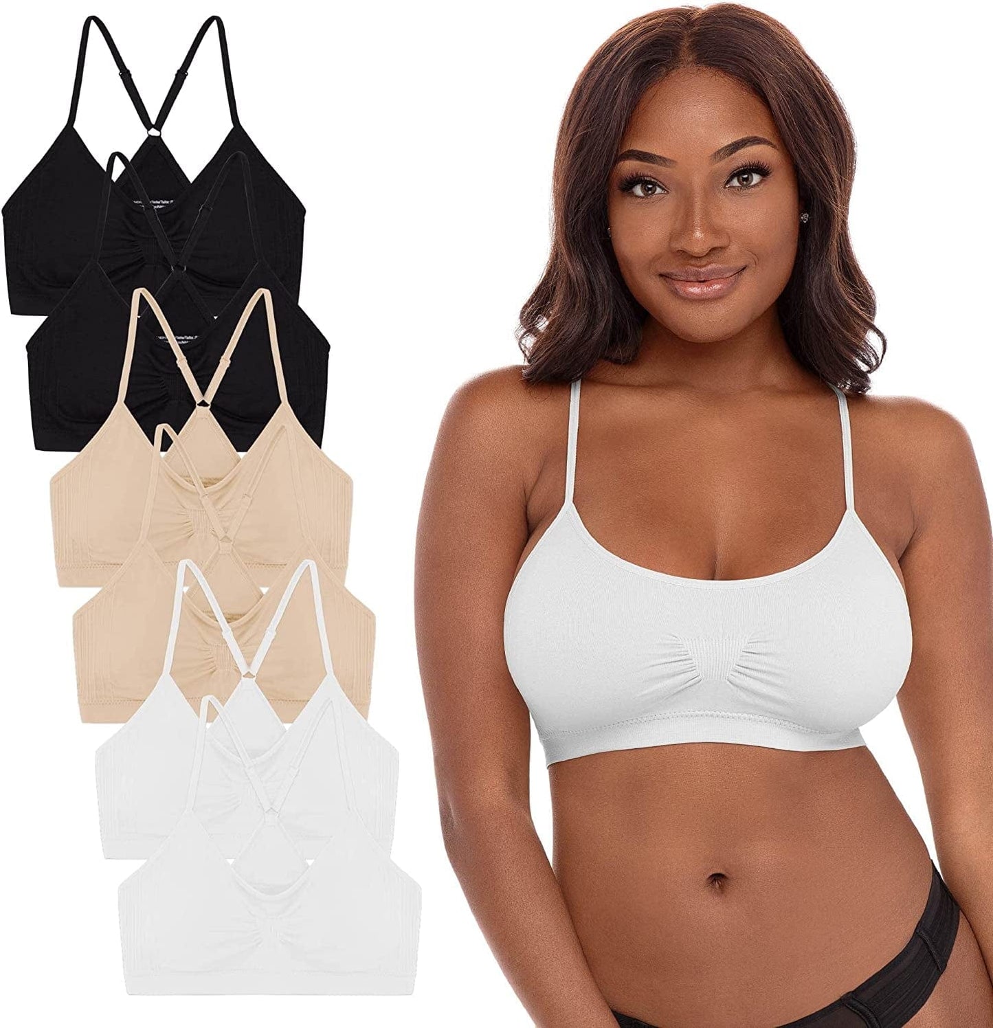 6 Pack Sports Cami Bras : Seamless Wirefree Yoga Sleep Bra with Removable Pads, Adjustable Straps and Offers Back Support White / Small