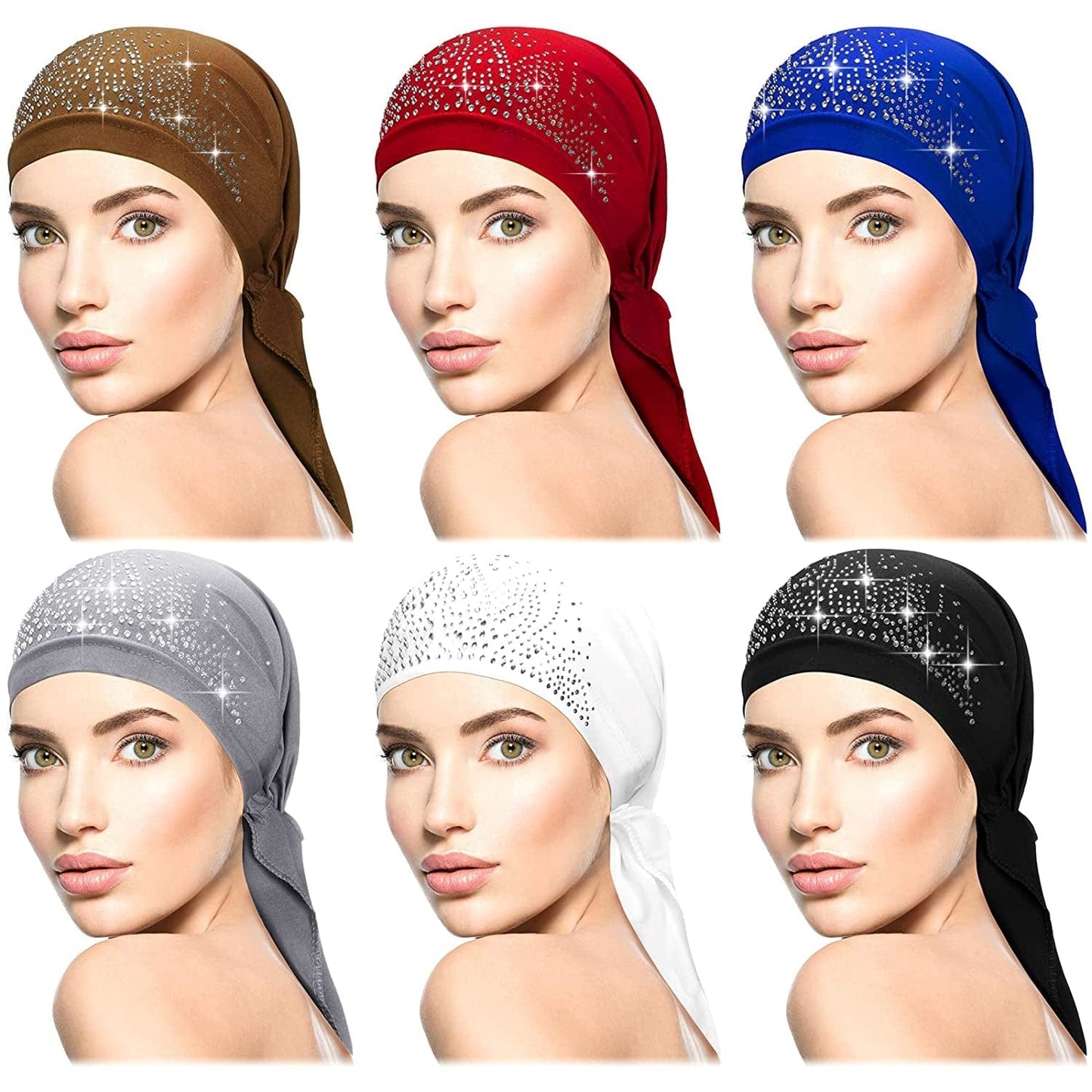 6 Packs Rhinestone Head Scarf Stretchy Head Wrap Rhinestone Bandana Beanie Pre Tied Durag Turban Cap Skull Cap Headbands(Vivid Colors) Apparel & Accessories > Clothing Accessories > Bandanas & Headties Geyoga Vivid Colors