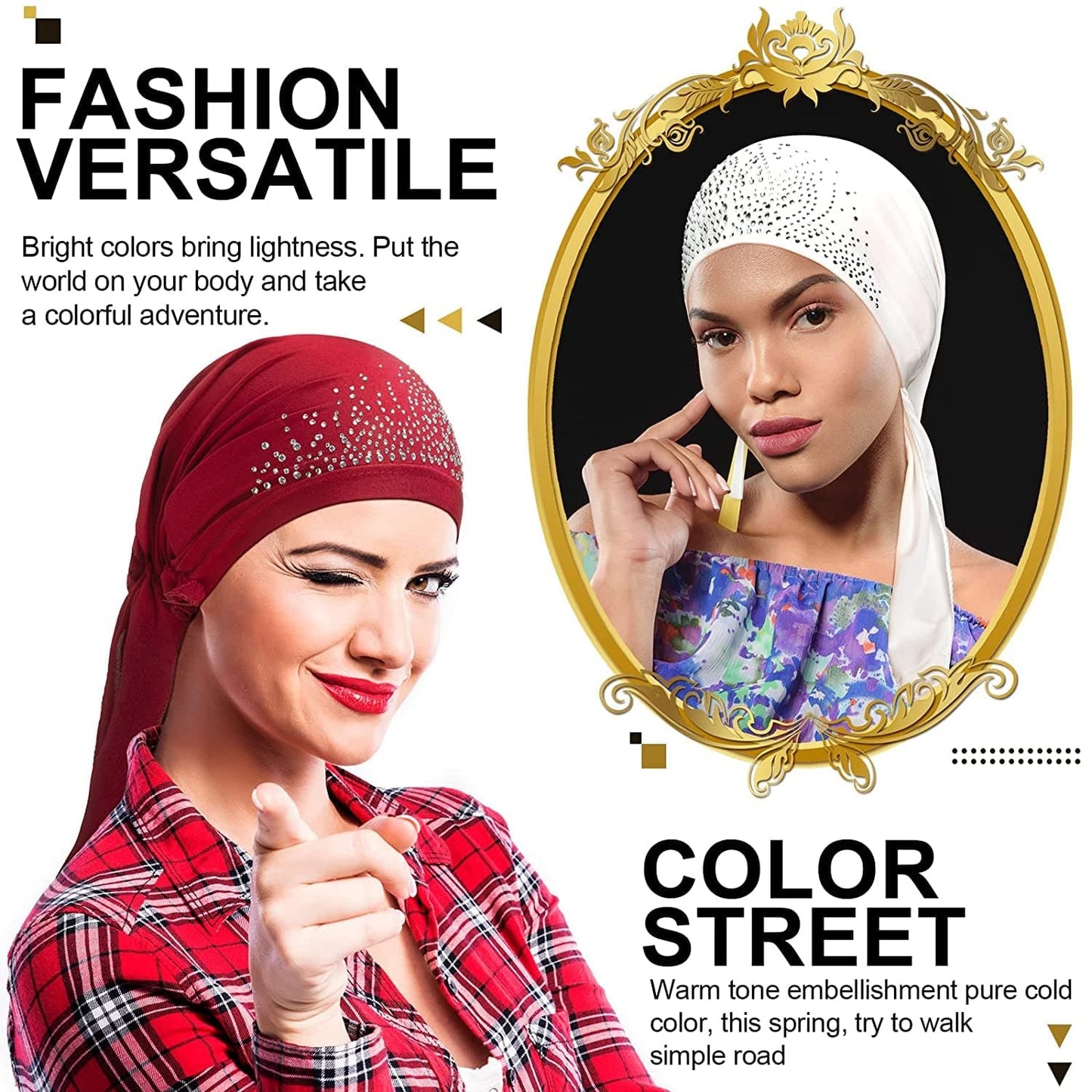 6 Packs Rhinestone Head Scarf Stretchy Head Wrap Rhinestone Bandana Beanie Pre Tied Durag Turban Cap Skull Cap Headbands(Vivid Colors) Apparel & Accessories > Clothing Accessories > Bandanas & Headties Geyoga