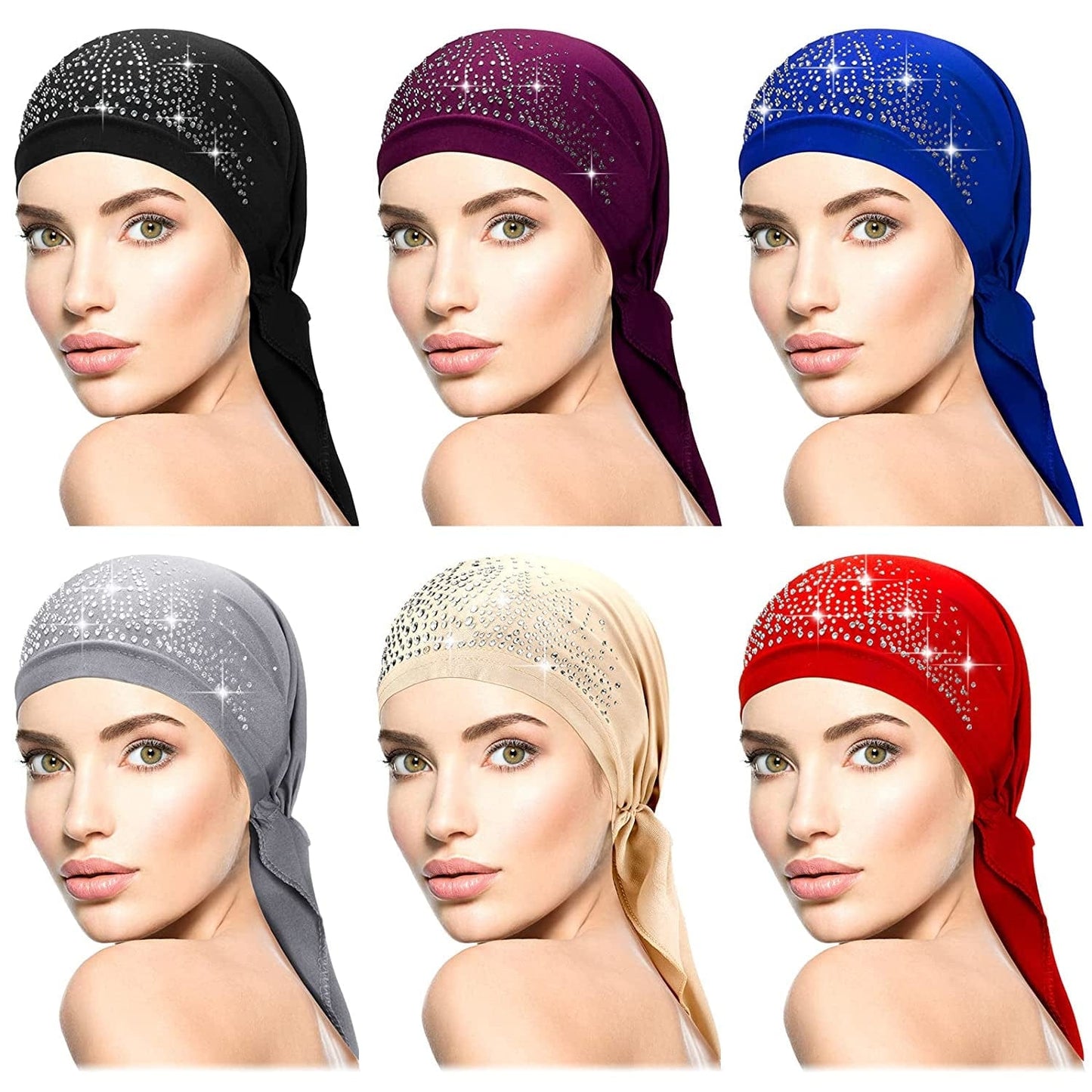 6 Packs Rhinestone Head Scarf Stretchy Head Wrap Rhinestone Bandana Beanie Pre Tied Durag Turban Cap Skull Cap Headbands(Vivid Colors) Apparel & Accessories > Clothing Accessories > Bandanas & Headties Geyoga Bright Colors