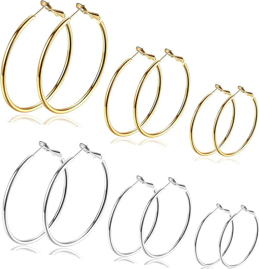 6 Pairs Big Gold Hoop Earrings for Women Girls Set,Silver Dainty Big Hoops Multipack,Gold Plated Stainless Steel Large Hoop Earrings with 925 Sterling Silver Post