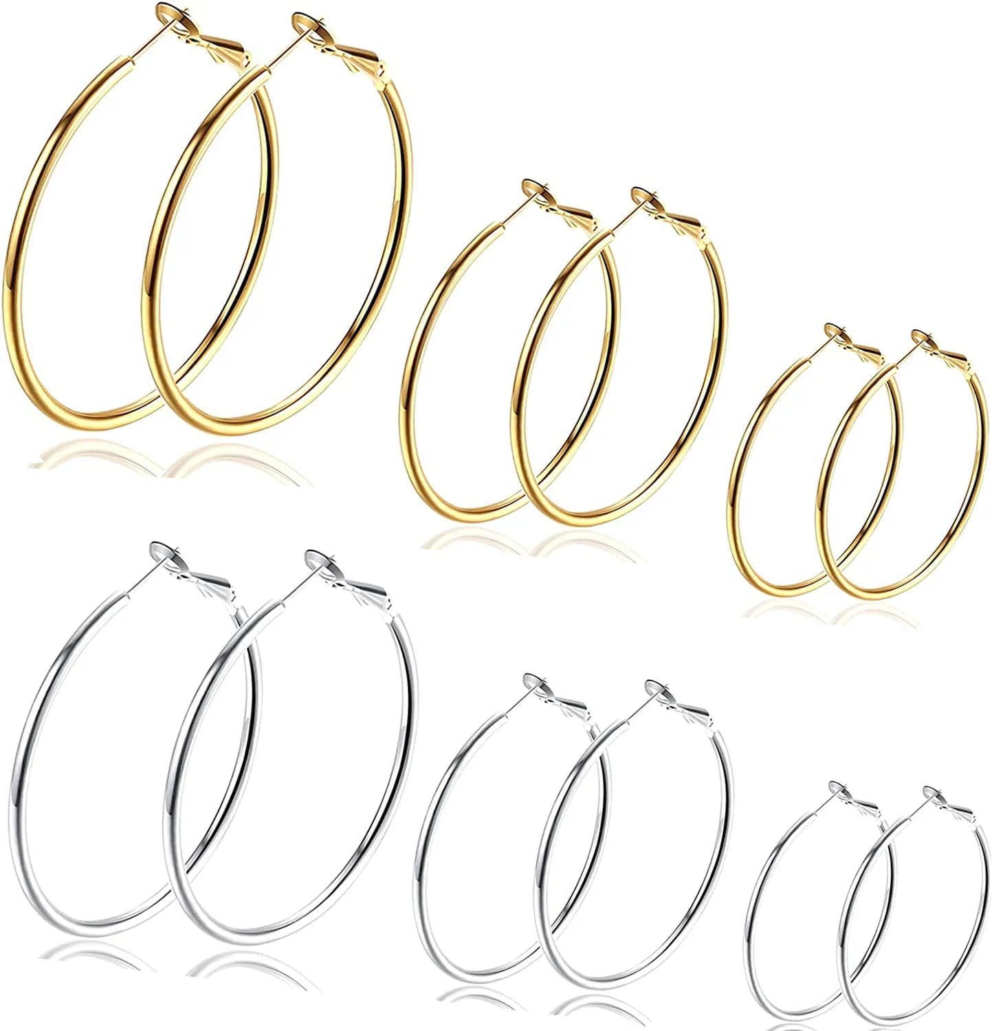 6 Pairs Big Gold Hoop Earrings for Women Girls Set,Silver Dainty Big Hoops Multipack,Gold Plated Stainless Steel Large Hoop Earrings with 925 Sterling Silver Post