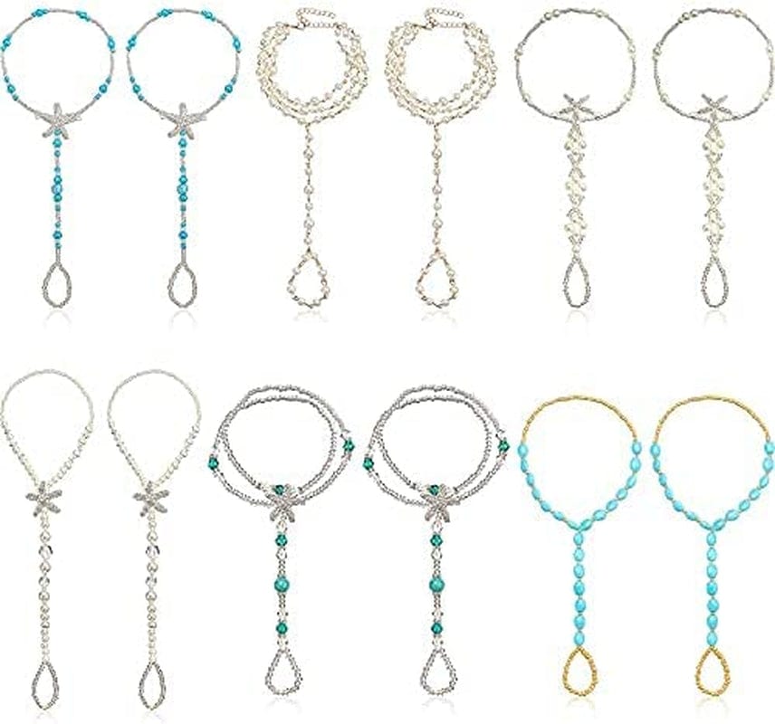 6 Pairs Feet Jewelry Barefoot Sandals Toe Rings Foot Chains Starfish Faux Pearls Elastic Beaded Turquoise Anklet Chains Jewelry with Rhinestone Ring for Women Girls Wedding Beach Wearing Apparel & Accessories > Jewelry > Anklets Hicarer