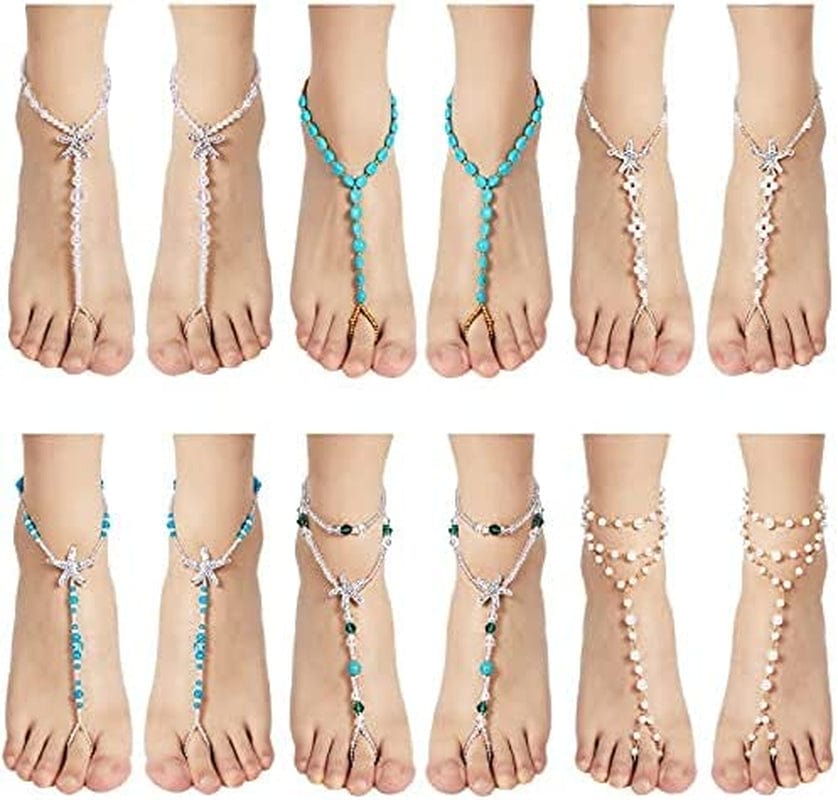 6 Pairs Feet Jewelry Barefoot Sandals Toe Rings Foot Chains Starfish Faux Pearls Elastic Beaded Turquoise Anklet Chains Jewelry with Rhinestone Ring for Women Girls Wedding Beach Wearing Apparel & Accessories > Jewelry > Anklets Hicarer