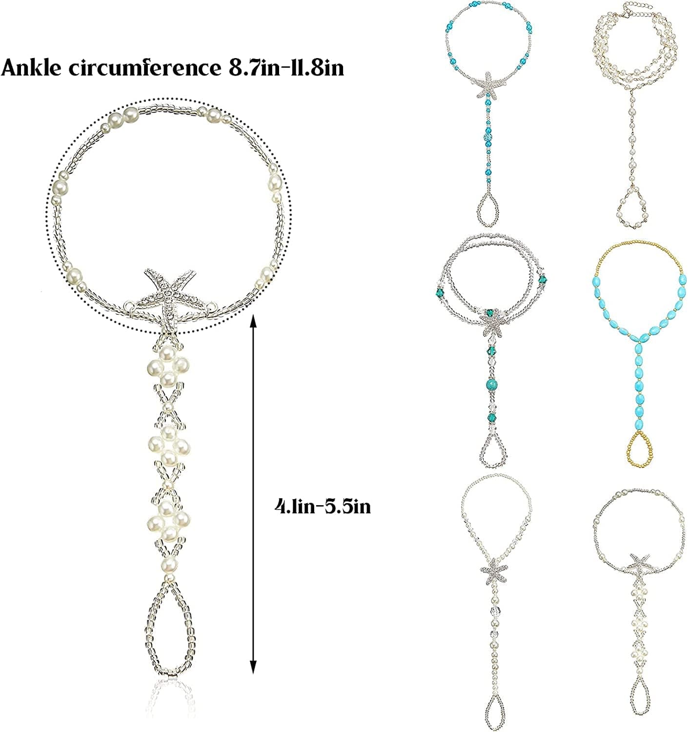 6 Pairs Feet Jewelry Barefoot Sandals Toe Rings Foot Chains Starfish Faux Pearls Elastic Beaded Turquoise Anklet Chains Jewelry with Rhinestone Ring for Women Girls Wedding Beach Wearing Apparel & Accessories > Jewelry > Anklets Hicarer