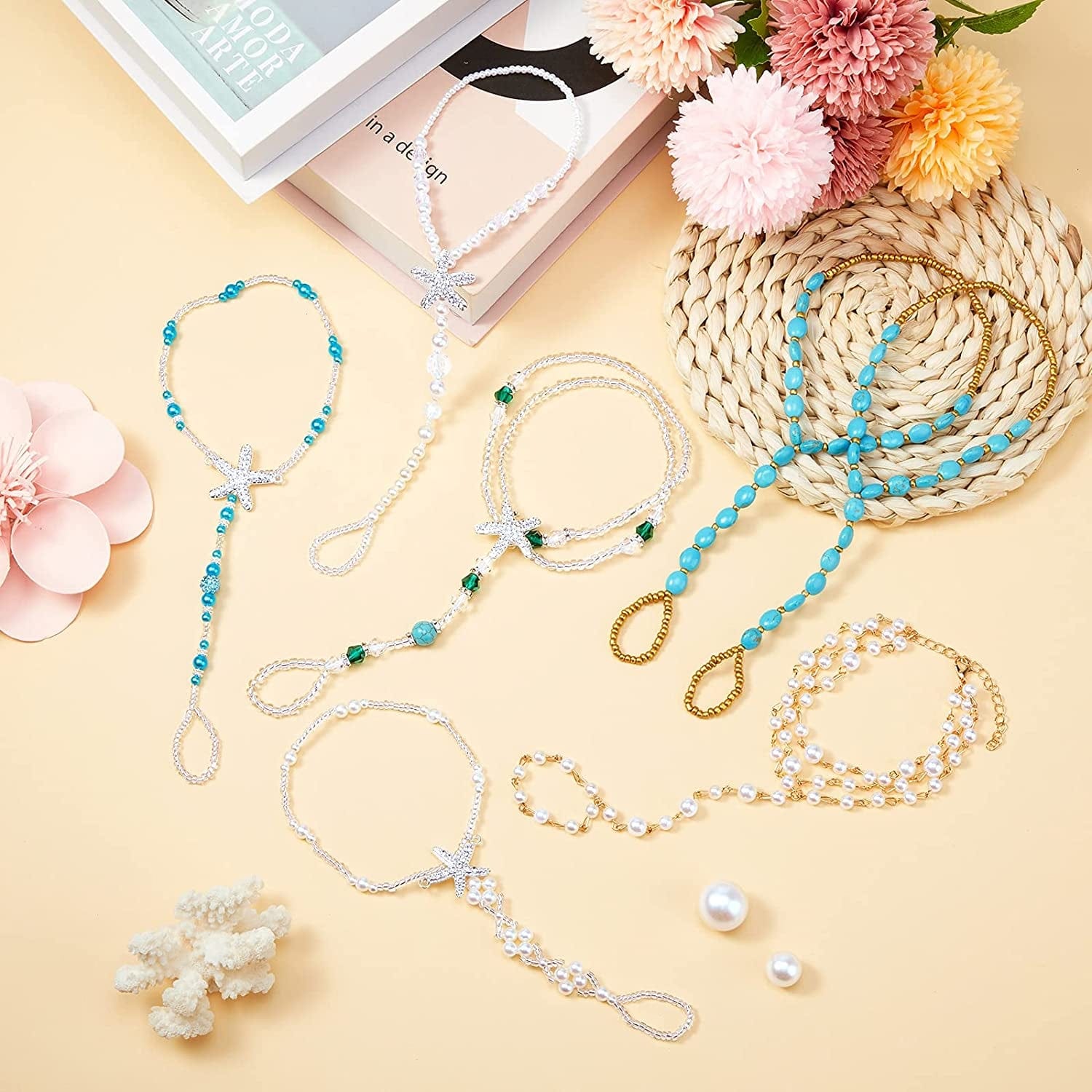 6 Pairs Feet Jewelry Barefoot Sandals Toe Rings Foot Chains Starfish Faux Pearls Elastic Beaded Turquoise Anklet Chains Jewelry with Rhinestone Ring for Women Girls Wedding Beach Wearing Apparel & Accessories > Jewelry > Anklets Hicarer
