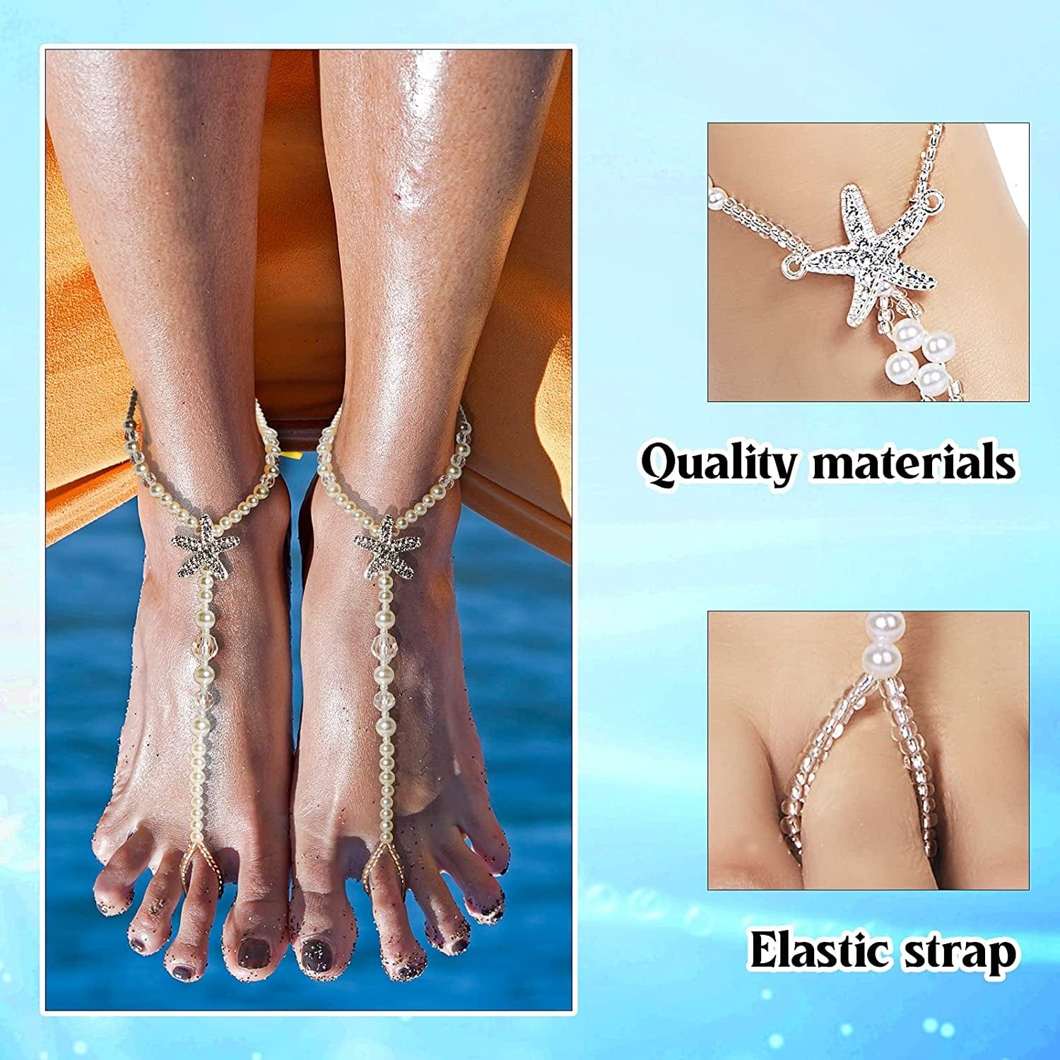 6 Pairs Feet Jewelry Barefoot Sandals Toe Rings Foot Chains Starfish Faux Pearls Elastic Beaded Turquoise Anklet Chains Jewelry with Rhinestone Ring for Women Girls Wedding Beach Wearing Apparel & Accessories > Jewelry > Anklets Hicarer