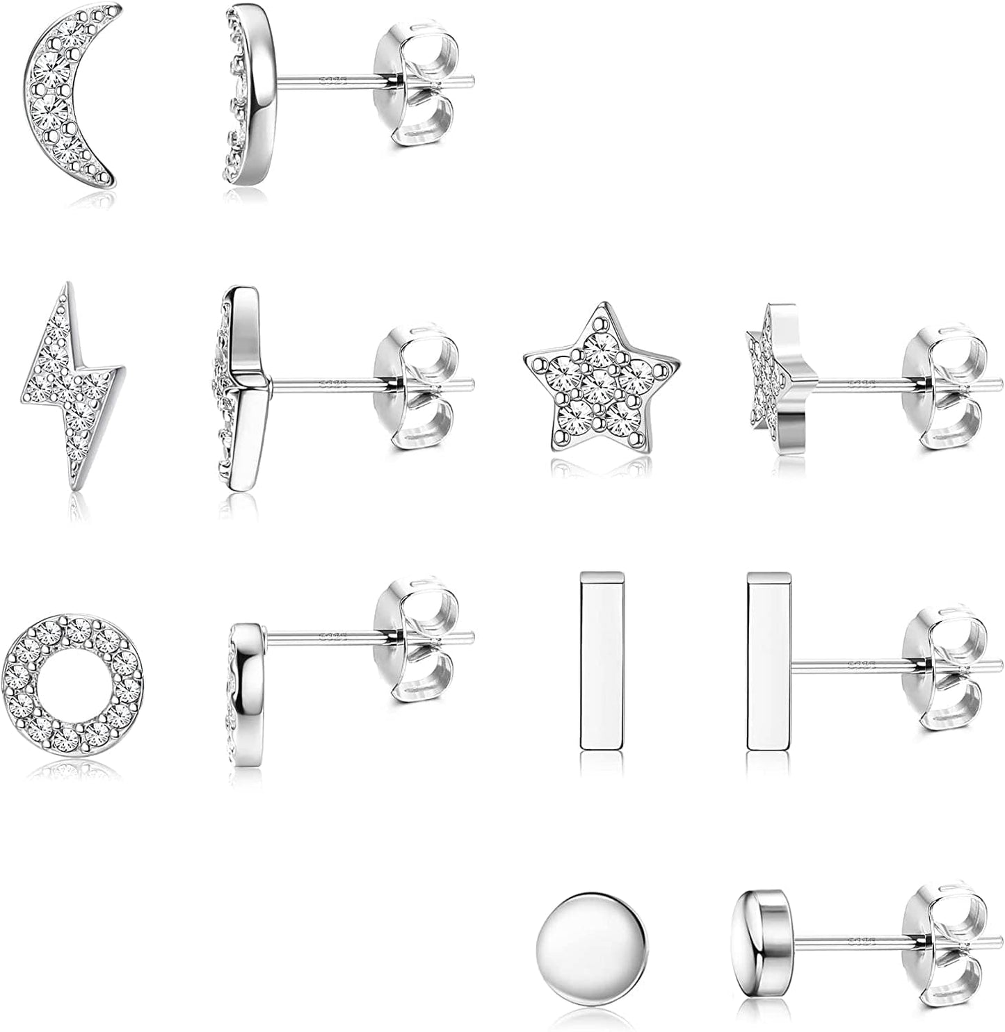 6 Pairs Sterling Silver Stud Earrings Hypoallergenic Earrings Stud Bar Circle CZ Stud Earrings Tiny Stud Earrings Set 14K Gold Plated Cartilage Earrings Studs for Women B1-Silver-Star