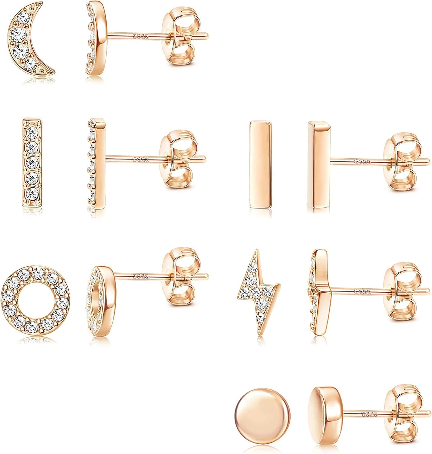 6 Pairs Sterling Silver Stud Earrings Hypoallergenic Earrings Stud Bar Circle CZ Stud Earrings Tiny Stud Earrings Set 14K Gold Plated Cartilage Earrings Studs for Women C3-Rose Gold