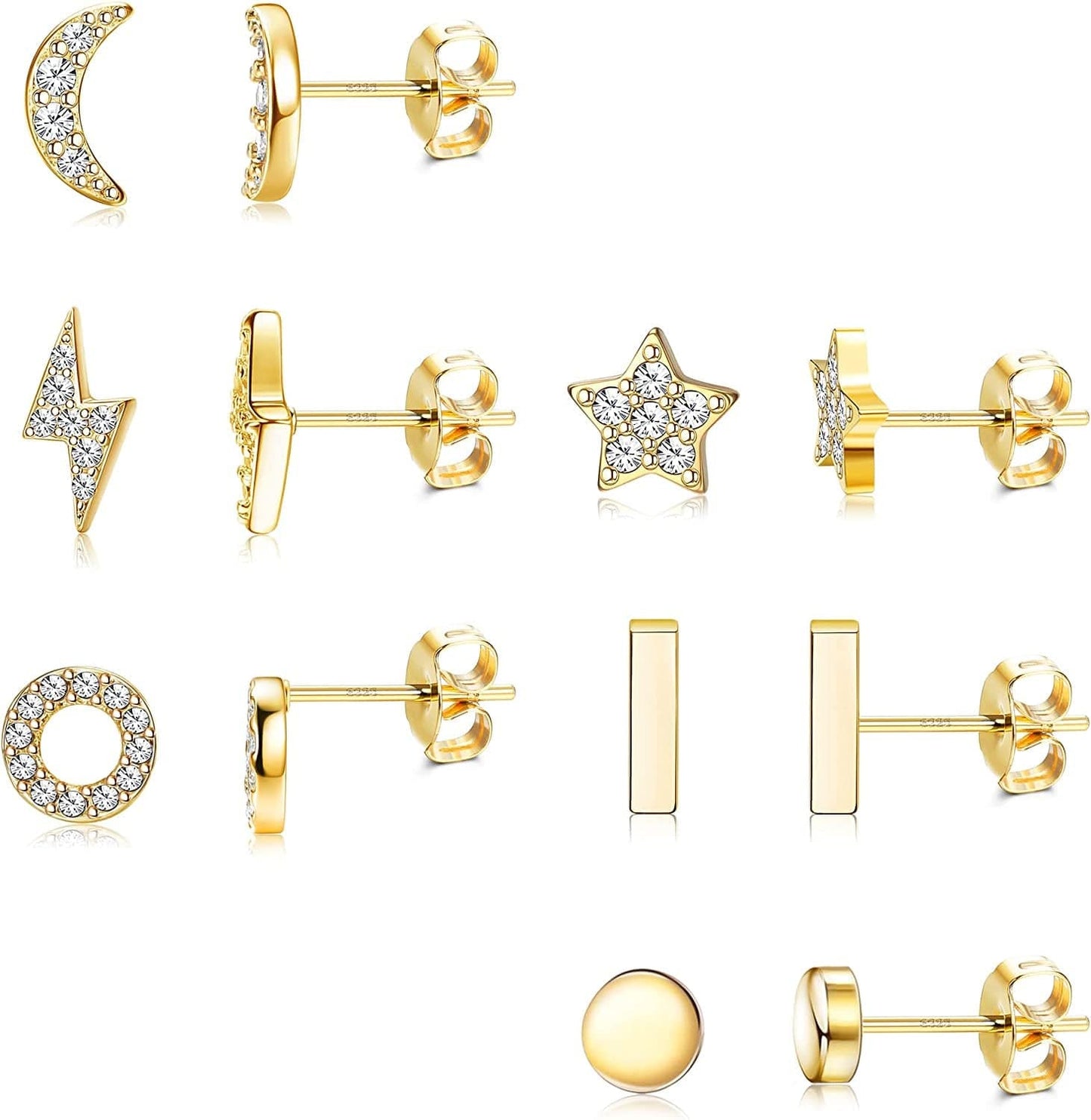 6 Pairs Sterling Silver Stud Earrings Hypoallergenic Earrings Stud Bar Circle CZ Stud Earrings Tiny Stud Earrings Set 14K Gold Plated Cartilage Earrings Studs for Women B1-Gold-Star