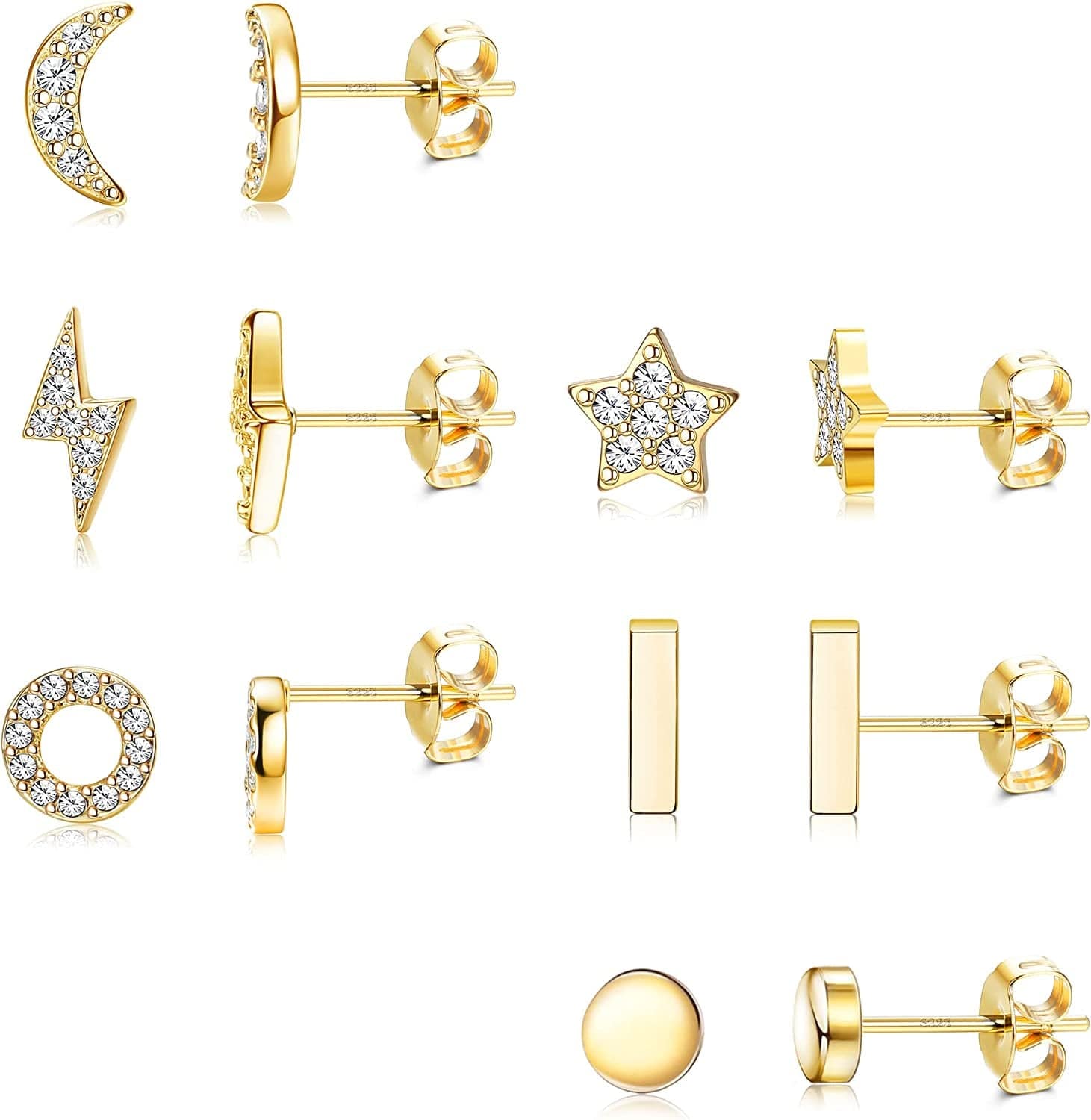 6 Pairs Sterling Silver Stud Earrings Hypoallergenic Earrings Stud Bar Circle CZ Stud Earrings Tiny Stud Earrings Set 14K Gold Plated Cartilage Earrings Studs for Women B1-Gold-Star