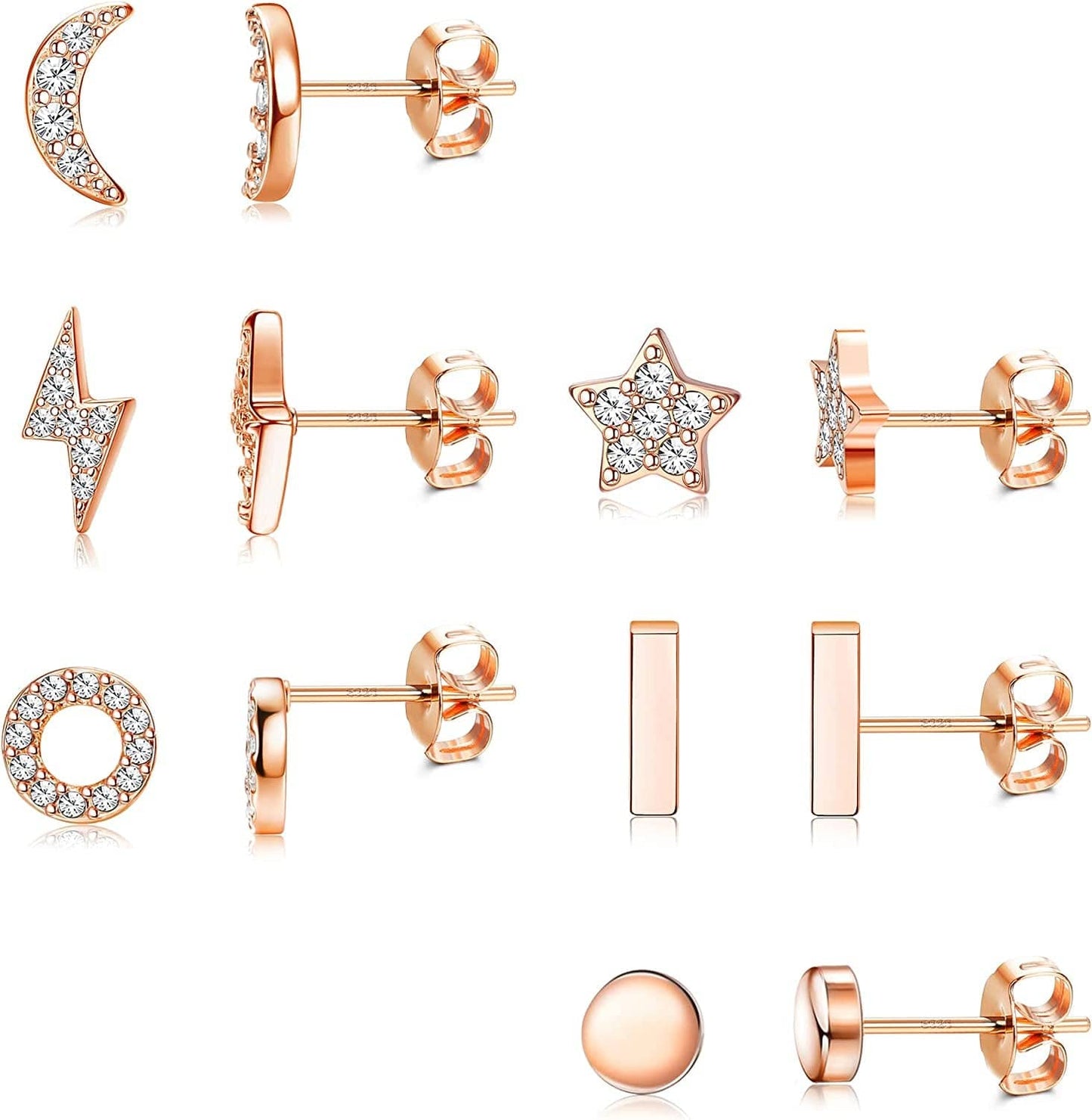 6 Pairs Sterling Silver Stud Earrings Hypoallergenic Earrings Stud Bar Circle CZ Stud Earrings Tiny Stud Earrings Set 14K Gold Plated Cartilage Earrings Studs for Women C3-Rose Gold-Star