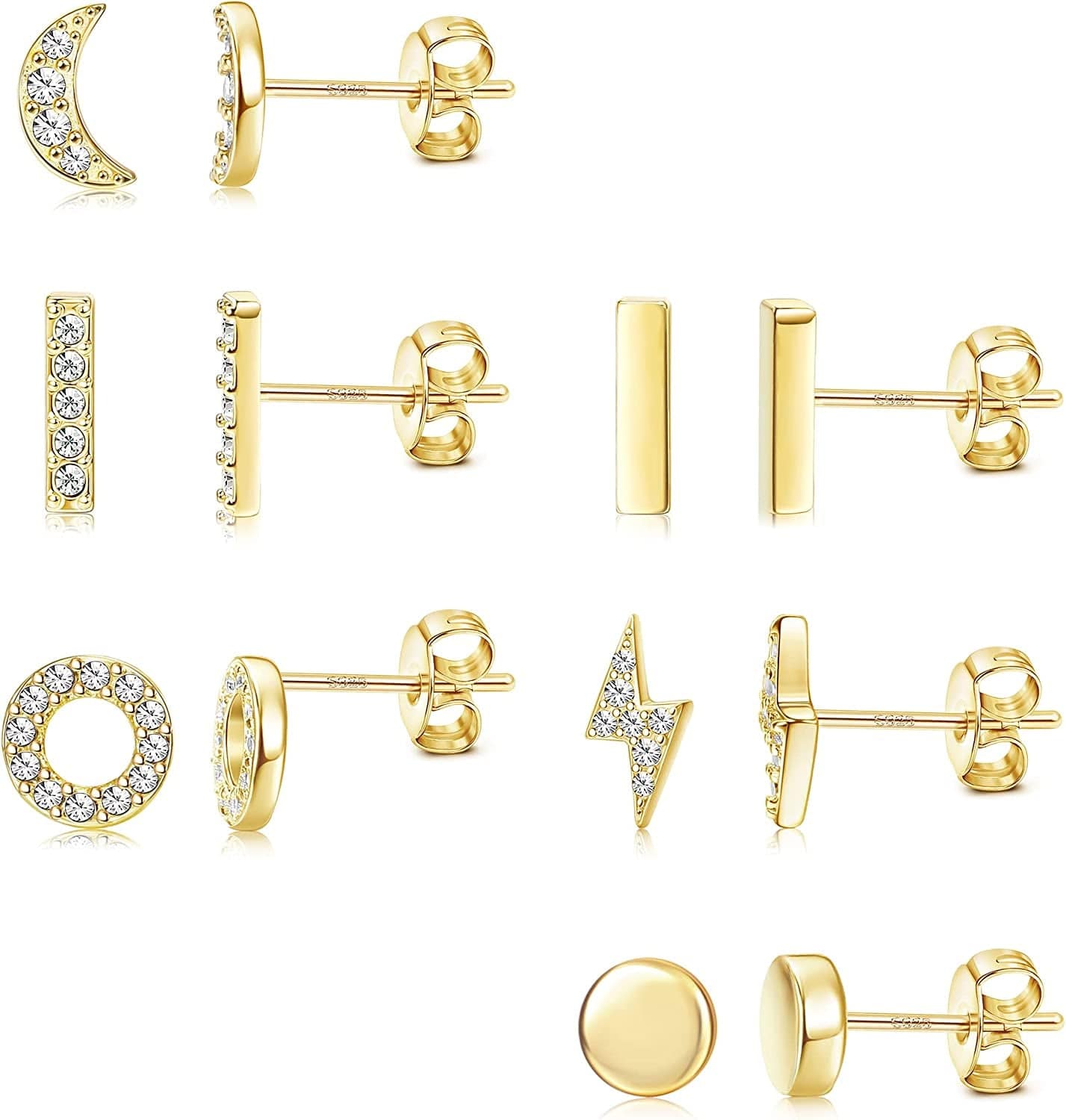 6 Pairs Sterling Silver Stud Earrings Hypoallergenic Earrings Stud Bar Circle CZ Stud Earrings Tiny Stud Earrings Set 14K Gold Plated Cartilage Earrings Studs for Women A2-Gold