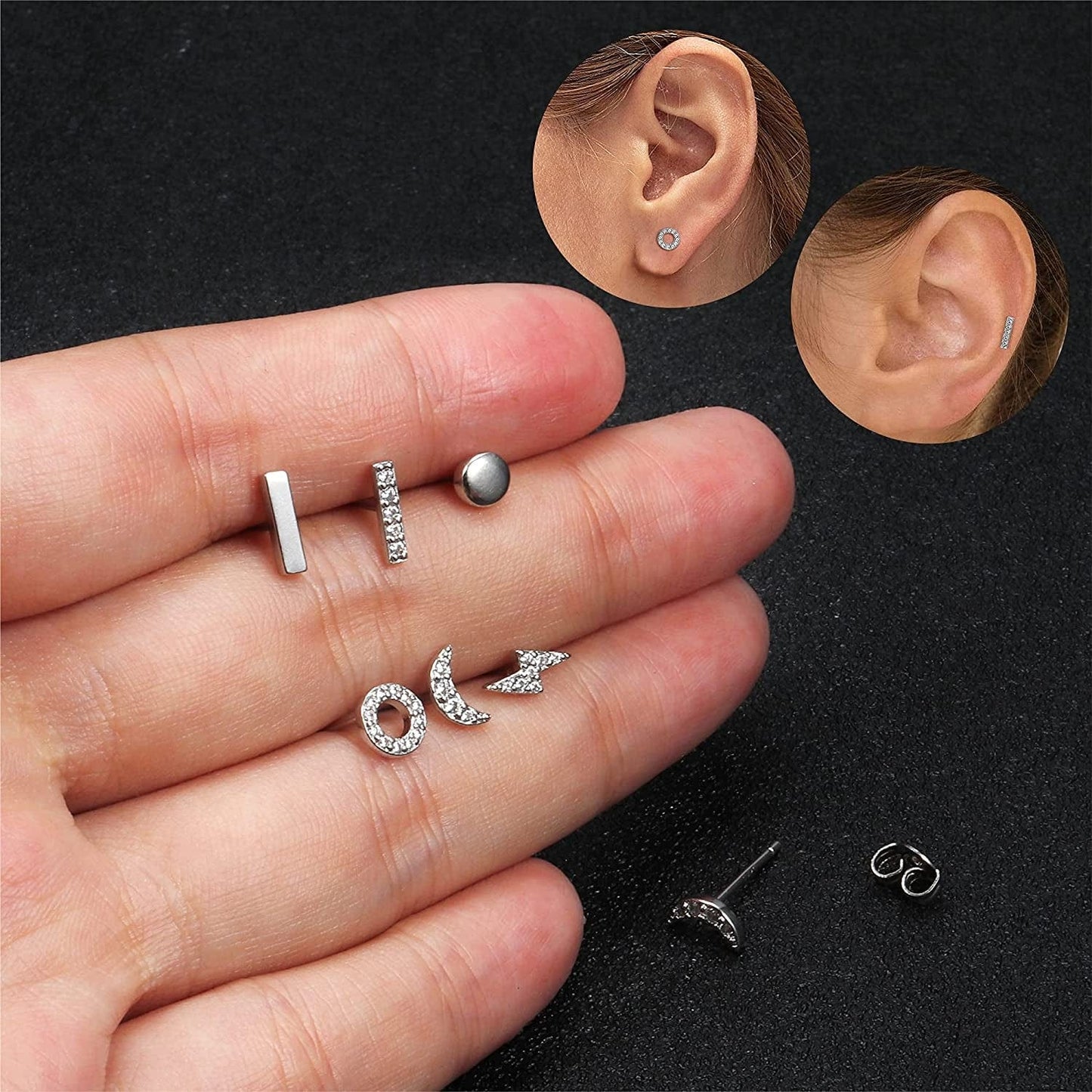 6 Pairs Sterling Silver Stud Earrings Hypoallergenic Earrings Stud Bar Circle CZ Stud Earrings Tiny Stud Earrings Set 14K Gold Plated Cartilage Earrings Studs for Women