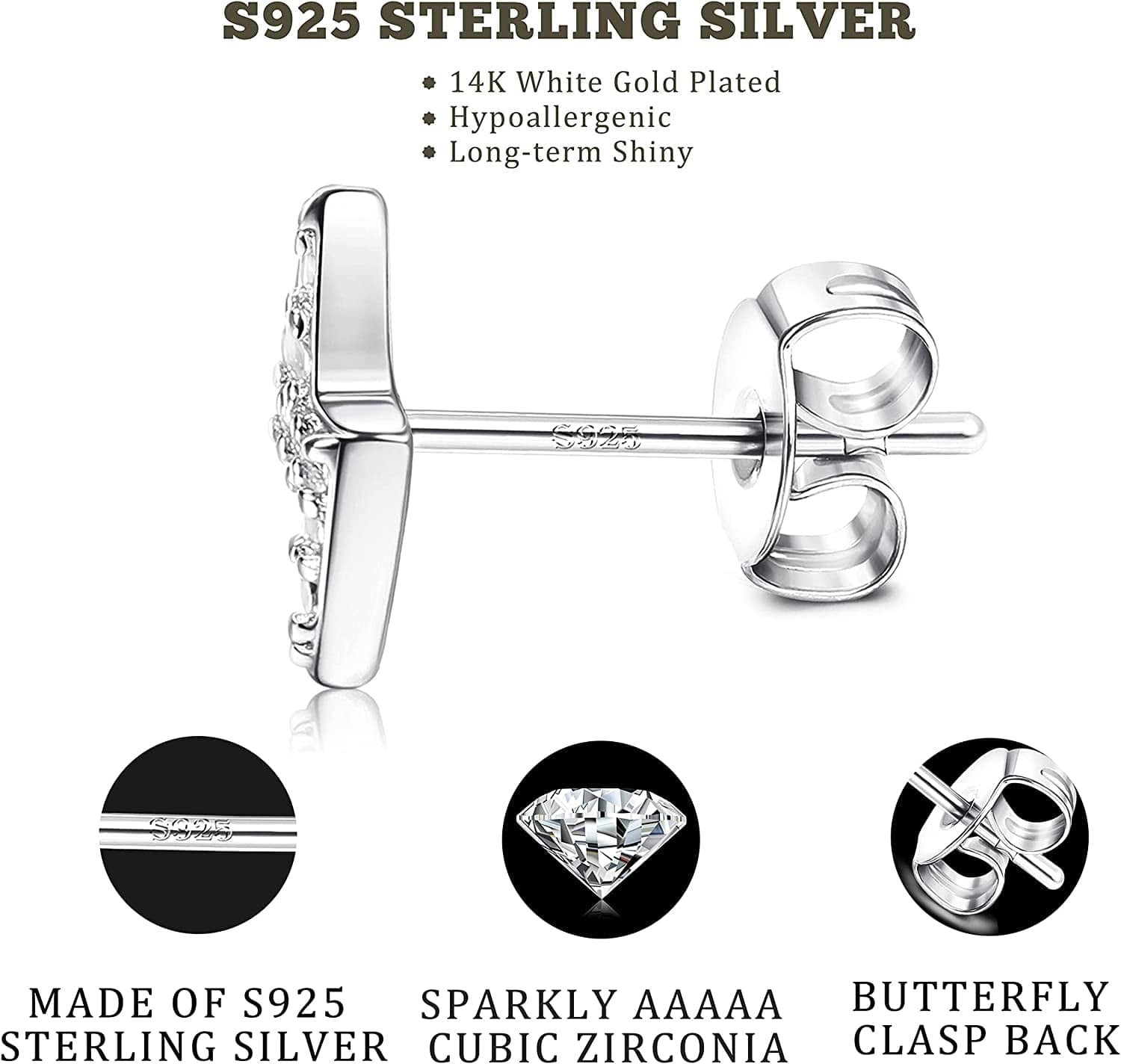 6 Pairs Sterling Silver Stud Earrings Hypoallergenic Earrings Stud Bar Circle CZ Stud Earrings Tiny Stud Earrings Set 14K Gold Plated Cartilage Earrings Studs for Women