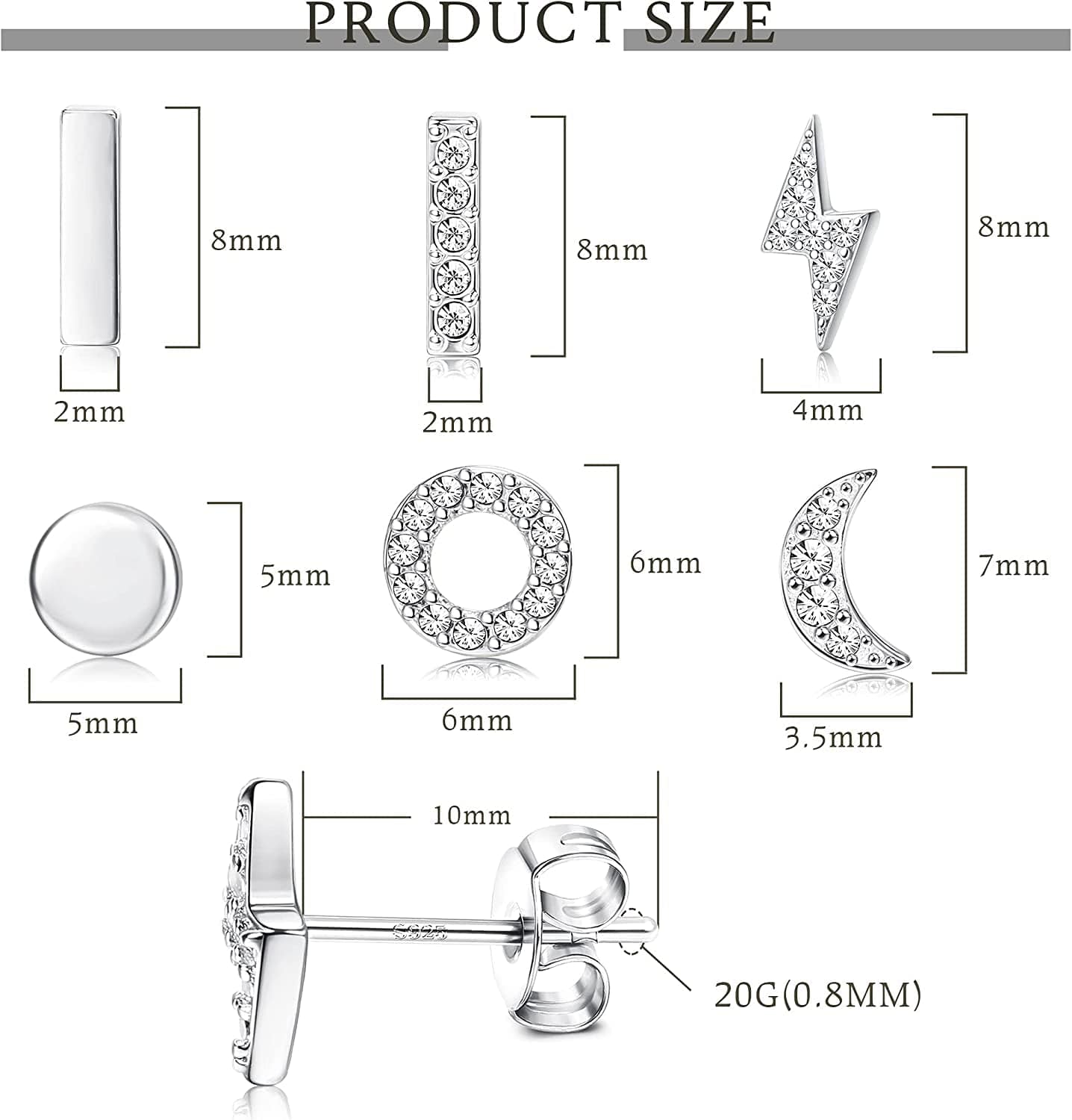 6 Pairs Sterling Silver Stud Earrings Hypoallergenic Earrings Stud Bar Circle CZ Stud Earrings Tiny Stud Earrings Set 14K Gold Plated Cartilage Earrings Studs for Women