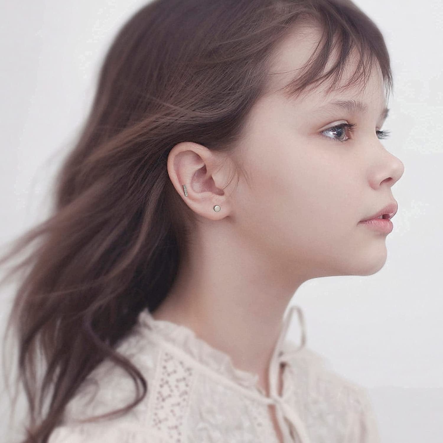 6 Pairs Sterling Silver Stud Earrings Hypoallergenic Earrings Stud Bar Circle CZ Stud Earrings Tiny Stud Earrings Set 14K Gold Plated Cartilage Earrings Studs for Women