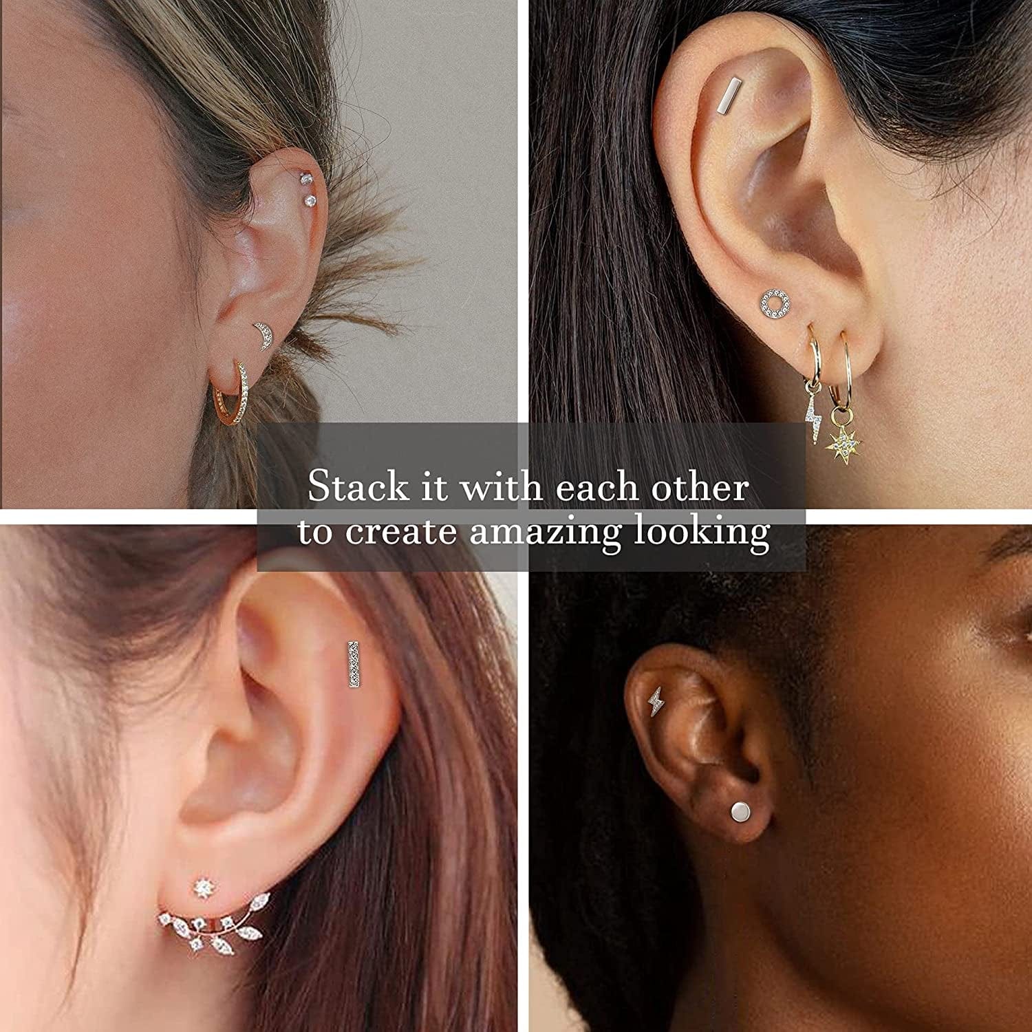 6 Pairs Sterling Silver Stud Earrings Hypoallergenic Earrings Stud Bar Circle CZ Stud Earrings Tiny Stud Earrings Set 14K Gold Plated Cartilage Earrings Studs for Women