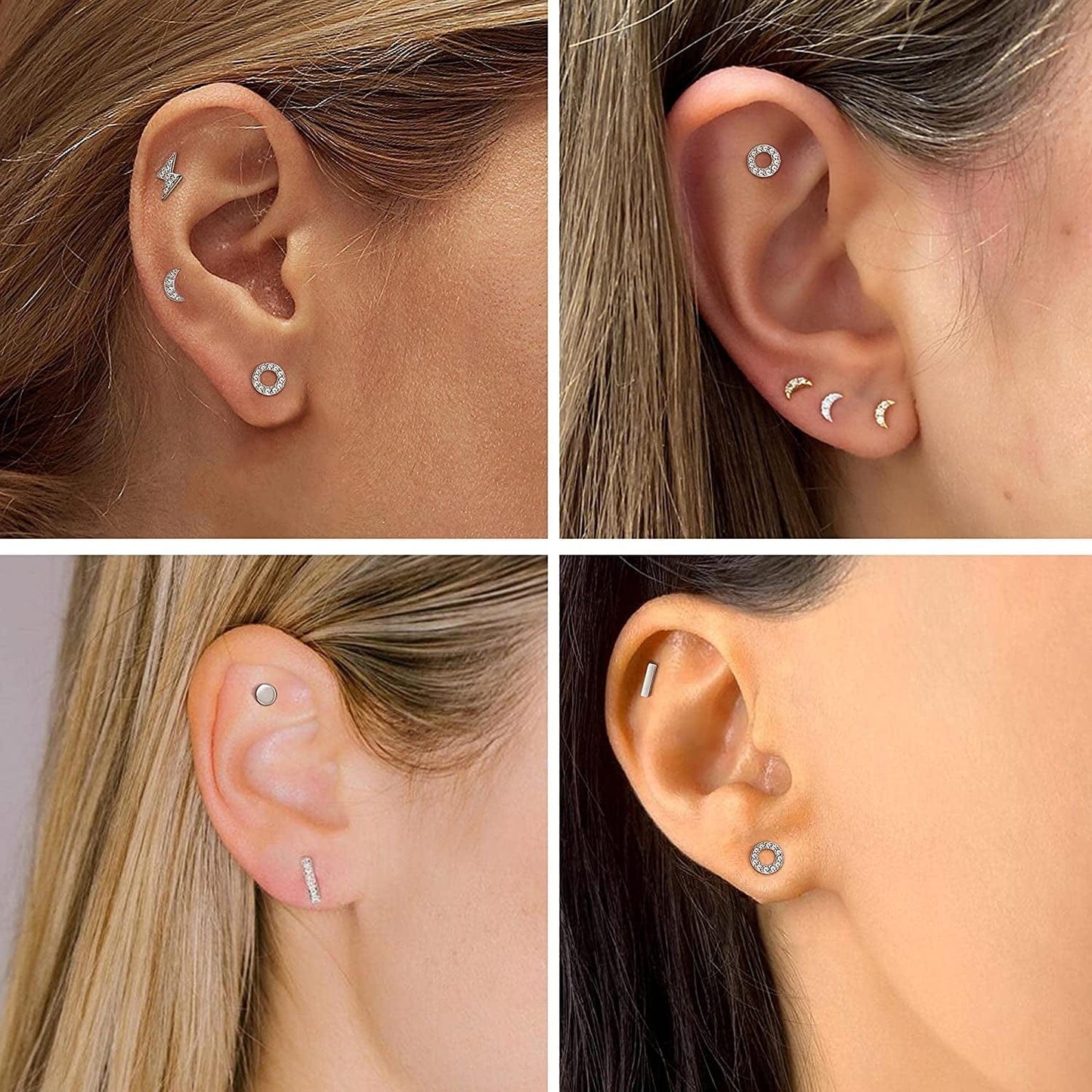6 Pairs Sterling Silver Stud Earrings Hypoallergenic Earrings Stud Bar Circle CZ Stud Earrings Tiny Stud Earrings Set 14K Gold Plated Cartilage Earrings Studs for Women