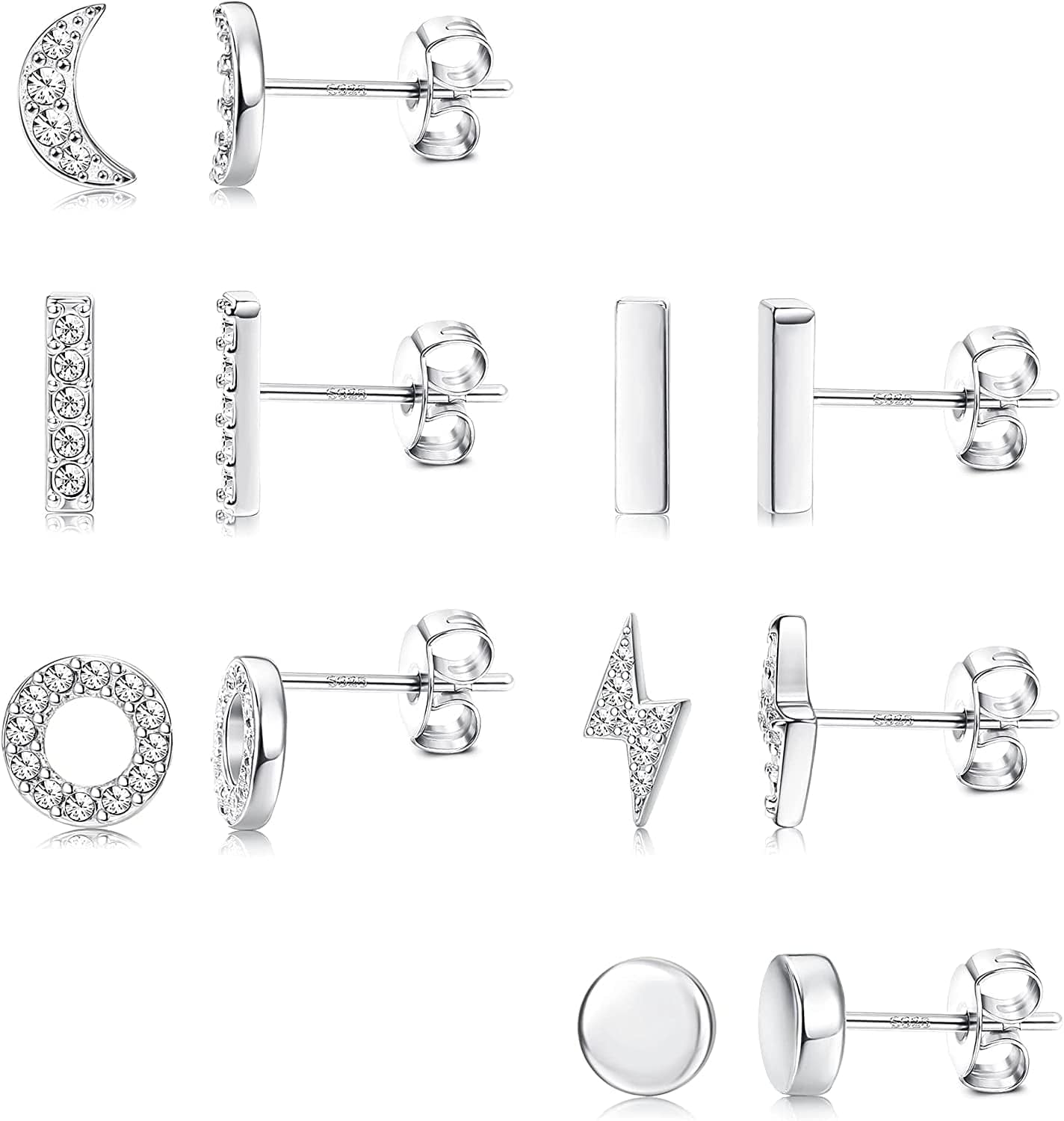 6 Pairs Sterling Silver Stud Earrings Hypoallergenic Earrings Stud Bar Circle CZ Stud Earrings Tiny Stud Earrings Set 14K Gold Plated Cartilage Earrings Studs for Women A1-Silver