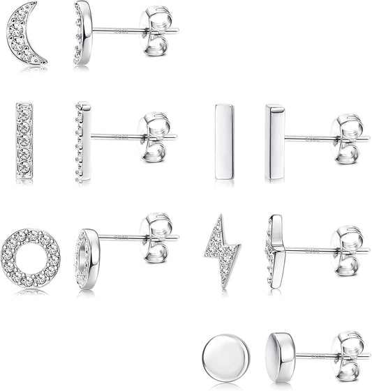 6 Pairs Sterling Silver Stud Earrings Hypoallergenic Earrings Stud Bar Circle CZ Stud Earrings Tiny Stud Earrings Set 14K Gold Plated Cartilage Earrings Studs for Women A1-Silver