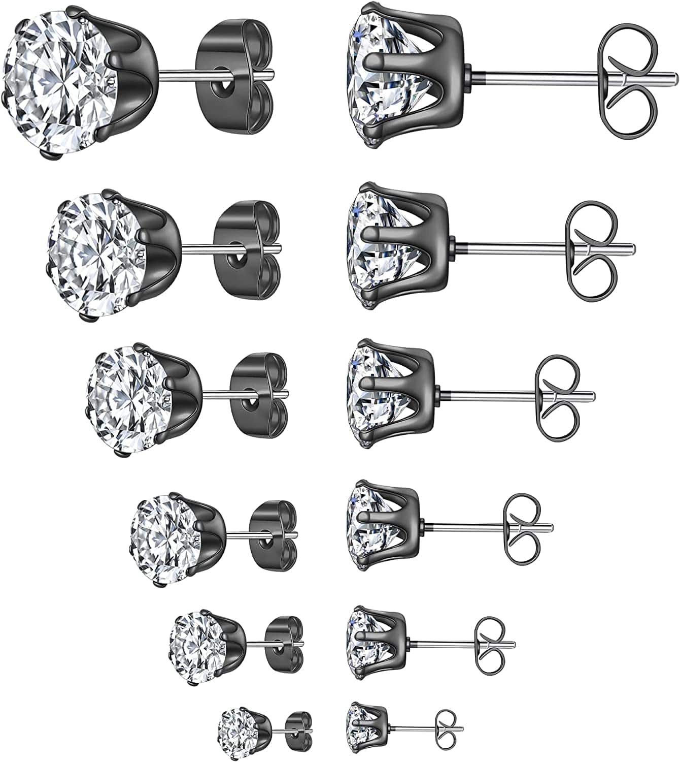 6 Pairs Stud Earrings Set,Clear Cubic Zirconia 316L Stainless Steel Earrings for Women for Men 3-8Mm W white sone