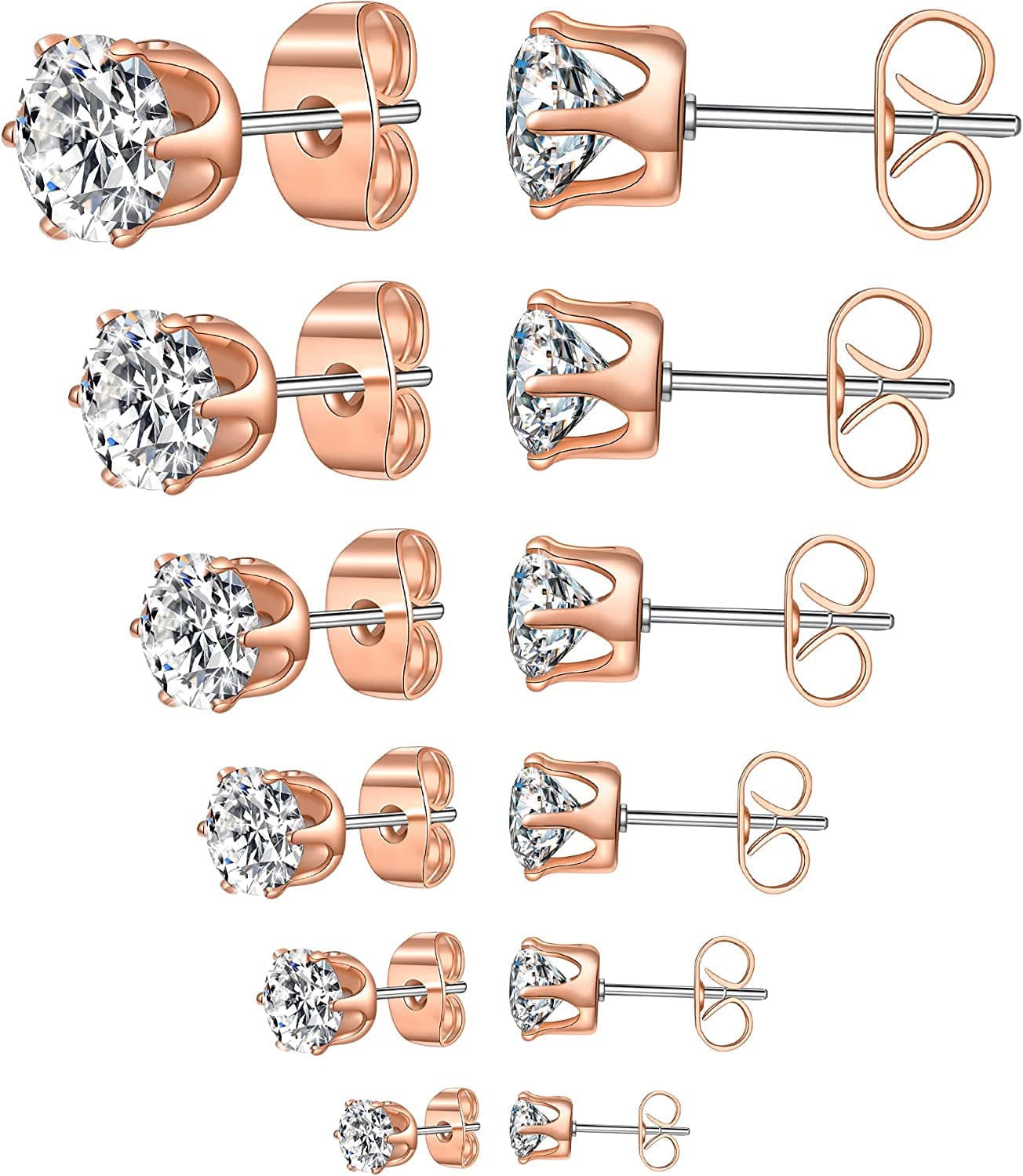 6 Pairs Stud Earrings Set,Clear Cubic Zirconia 316L Stainless Steel Earrings for Women for Men 3-8Mm C Rose gold