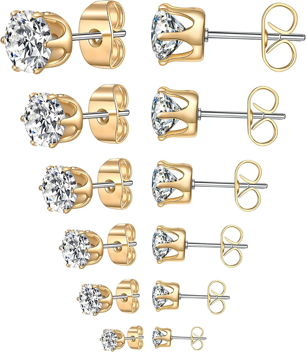 6 Pairs Stud Earrings Set,Clear Cubic Zirconia 316L Stainless Steel Earrings for Women for Men 3-8Mm B Yellow gold