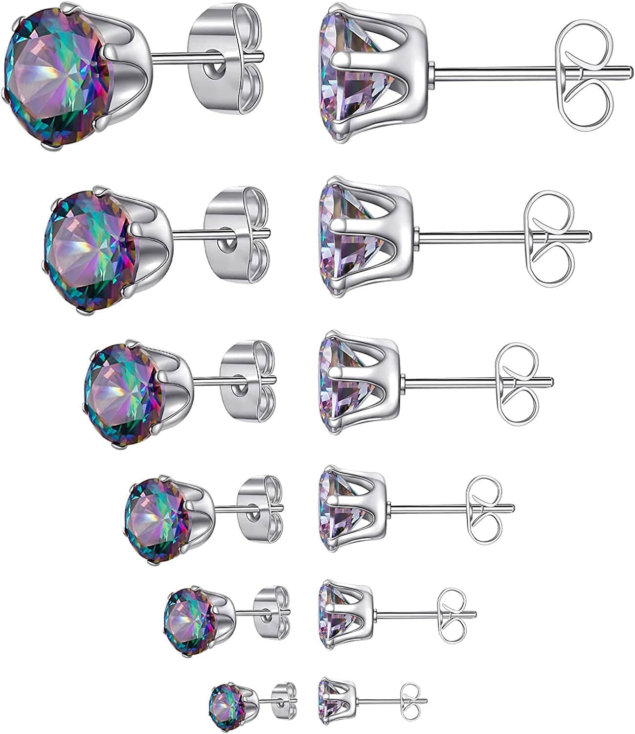6 Pairs Stud Earrings Set,Clear Cubic Zirconia 316L Stainless Steel Earrings for Women for Men 3-8Mm D Colorful stone