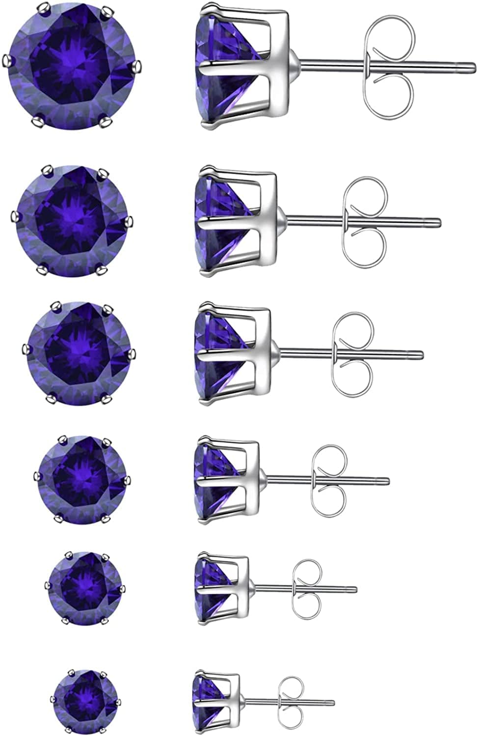 6 Pairs Stud Earrings Set,Clear Cubic Zirconia 316L Stainless Steel Earrings for Women for Men 3-8Mm J Amethyst
