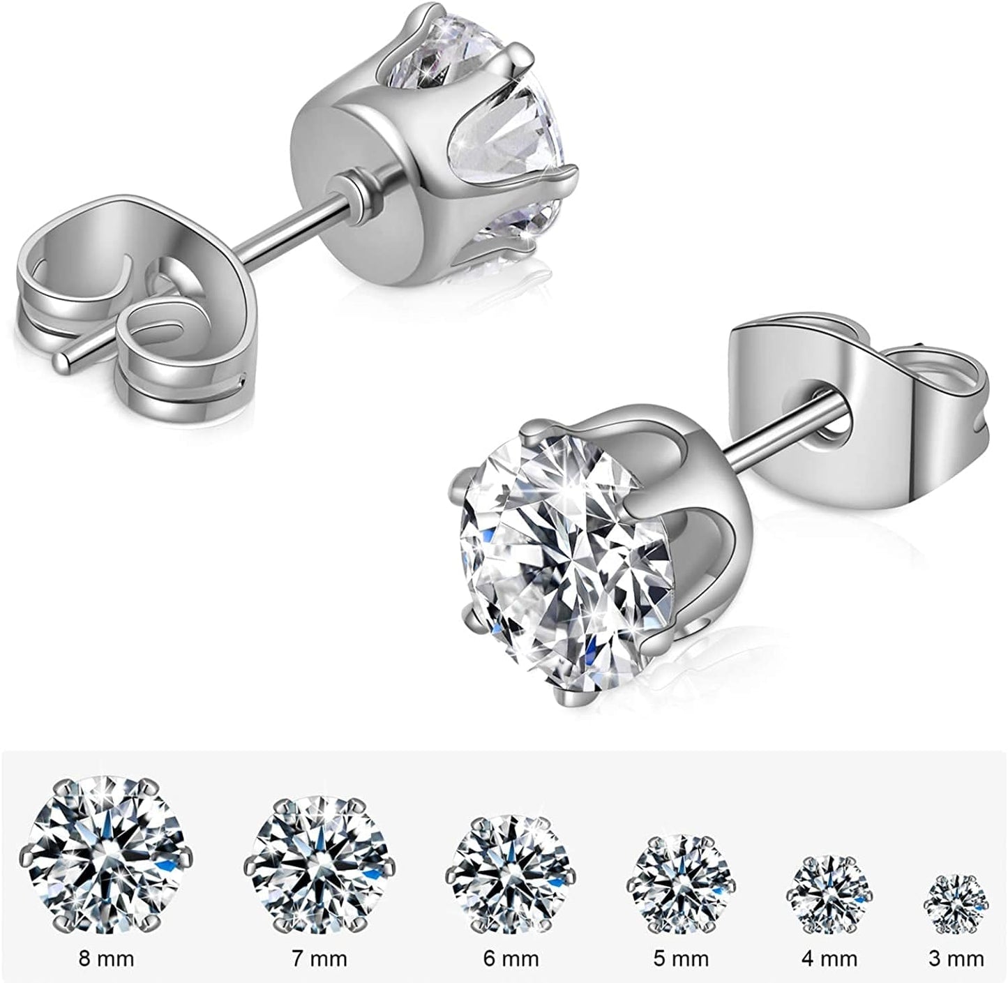 6 Pairs Stud Earrings Set,Clear Cubic Zirconia 316L Stainless Steel Earrings for Women for Men 3-8Mm