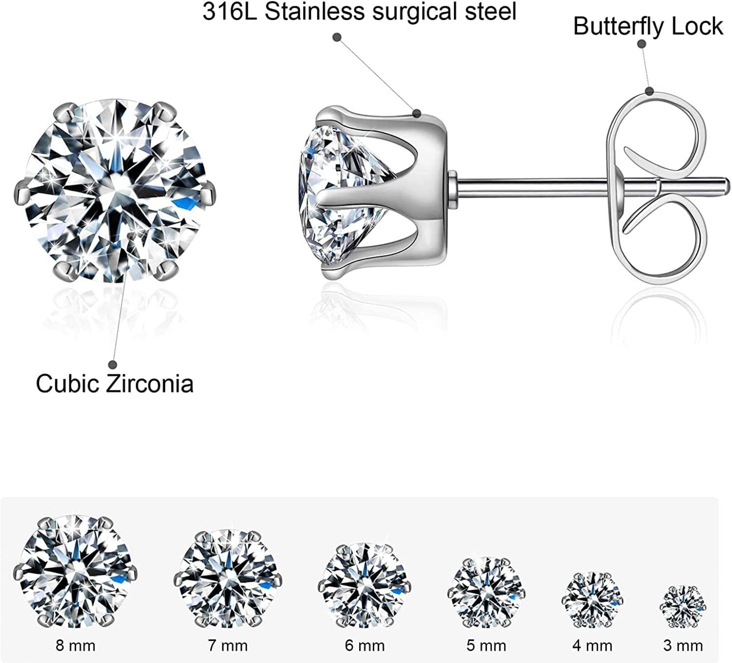 6 Pairs Stud Earrings Set,Clear Cubic Zirconia 316L Stainless Steel Earrings for Women for Men 3-8Mm