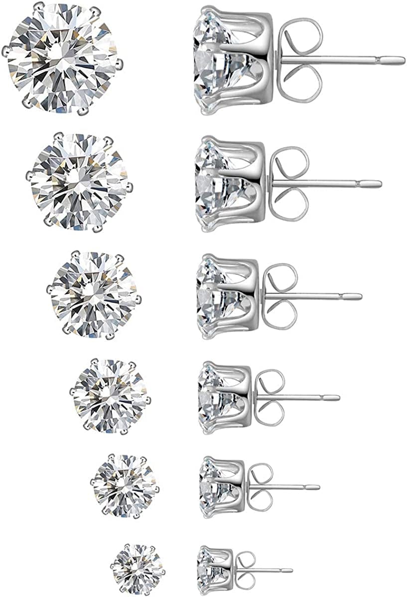 6 Pairs Stud Earrings Set,Clear Cubic Zirconia 316L Stainless Steel Earrings for Women for Men 3-8Mm A White gold