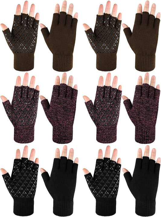 6 Pairs Winter Half Fingerless Knit Gloves Stretchy Anti-Slip Gloves Warm Texting Mittens for Men Women Apparel & Accessories > Clothing Accessories > Gloves & Mittens Geyoga Black, Coffee, Black Red