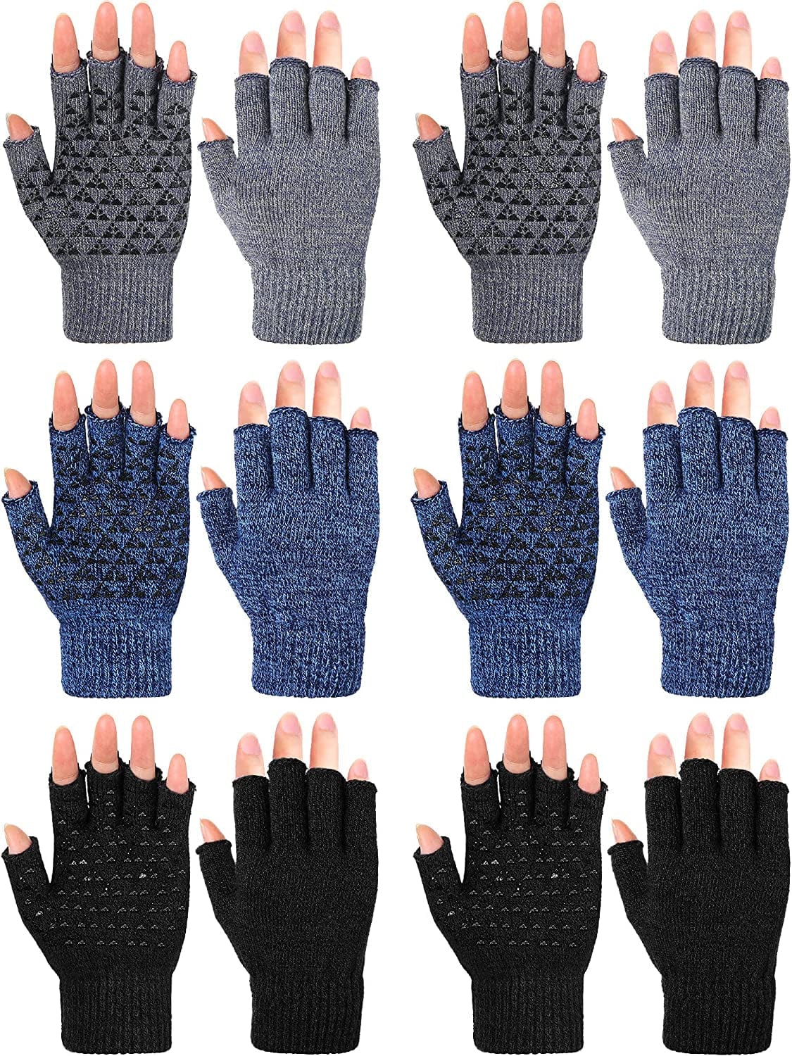 6 Pairs Winter Half Fingerless Knit Gloves Stretchy Anti-Slip Gloves Warm Texting Mittens for Men Women Apparel & Accessories > Clothing Accessories > Gloves & Mittens Geyoga Black, Navy Blue, Light Grey