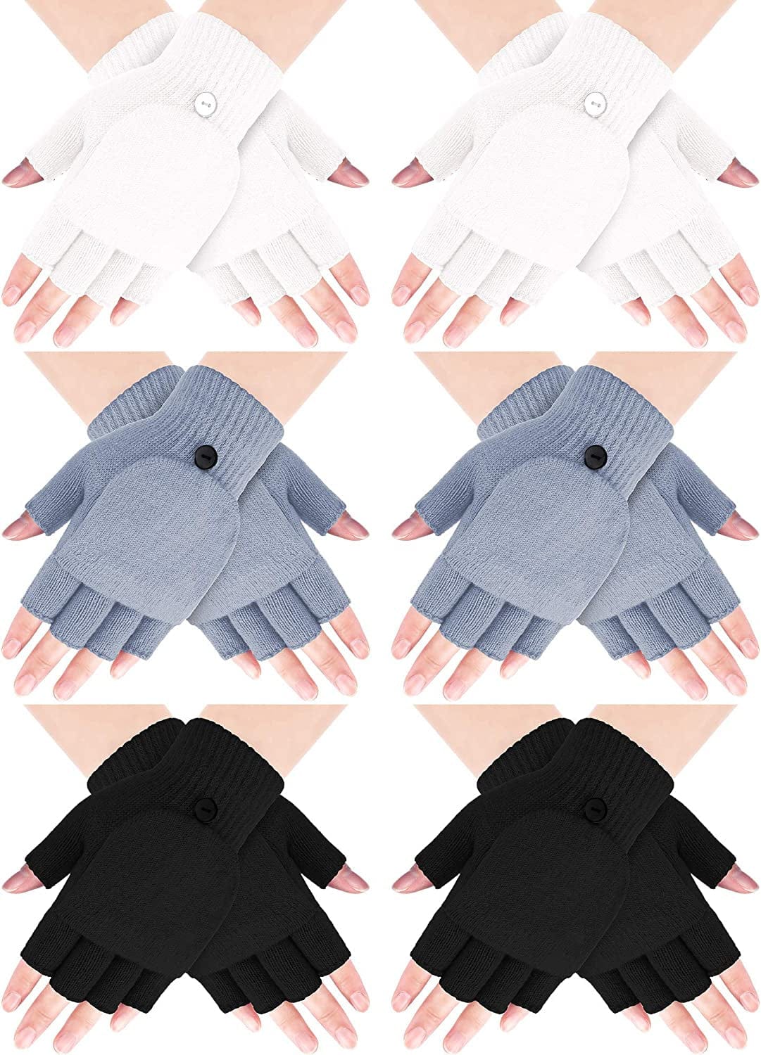 6 Pairs Women Winter Flip Gloves Convertible Mittens Thick Knitted Half Finger Gloves with Cover Apparel & Accessories > Clothing Accessories > Gloves & Mittens SATINIOR Black, White, Grey