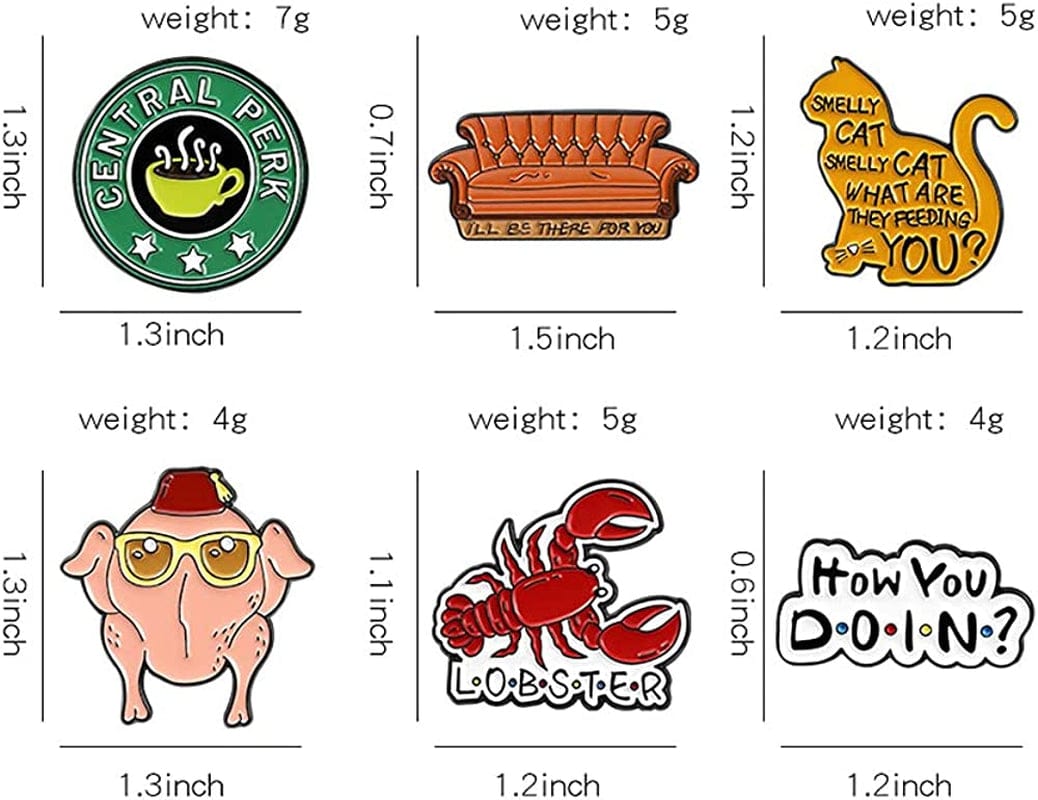 6 PCS Friends TV Show Enamel Pins,Friends TV Show Brooch Pins Gift Badges Set Enamel Lapel Pin for Sweater Backpacks Hats Bags Jackets Decoration