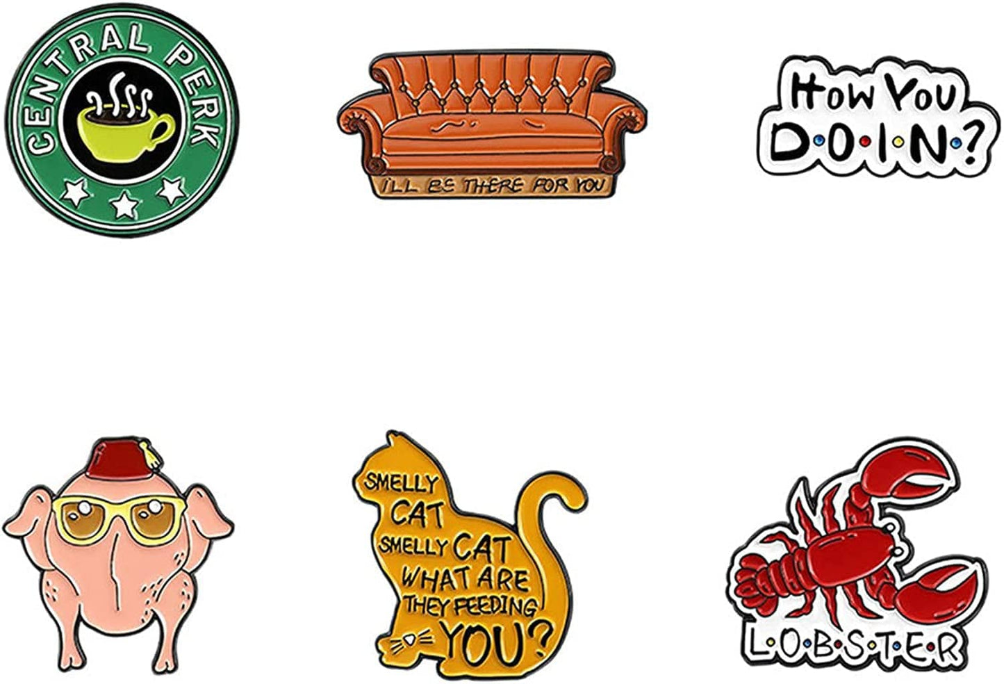 6 PCS Friends TV Show Enamel Pins,Friends TV Show Brooch Pins Gift Badges Set Enamel Lapel Pin for Sweater Backpacks Hats Bags Jackets Decoration