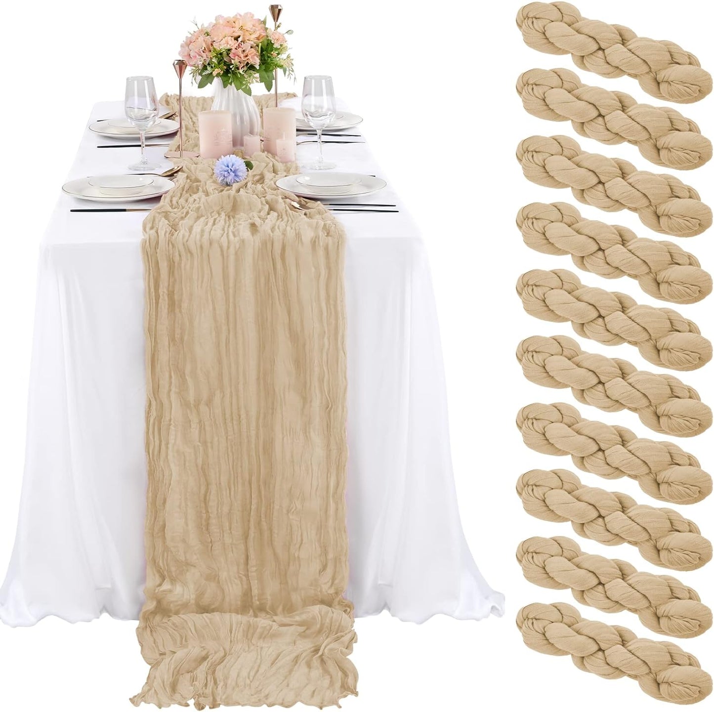 6 Pcs Sage Green Cheesecloth Table Runner 10FT, Gauze Table Runner for Wedding Reception Sheer Bridal Shower Birthday Party Boho Table Decoration, Rustic Romantic Wedding Runner