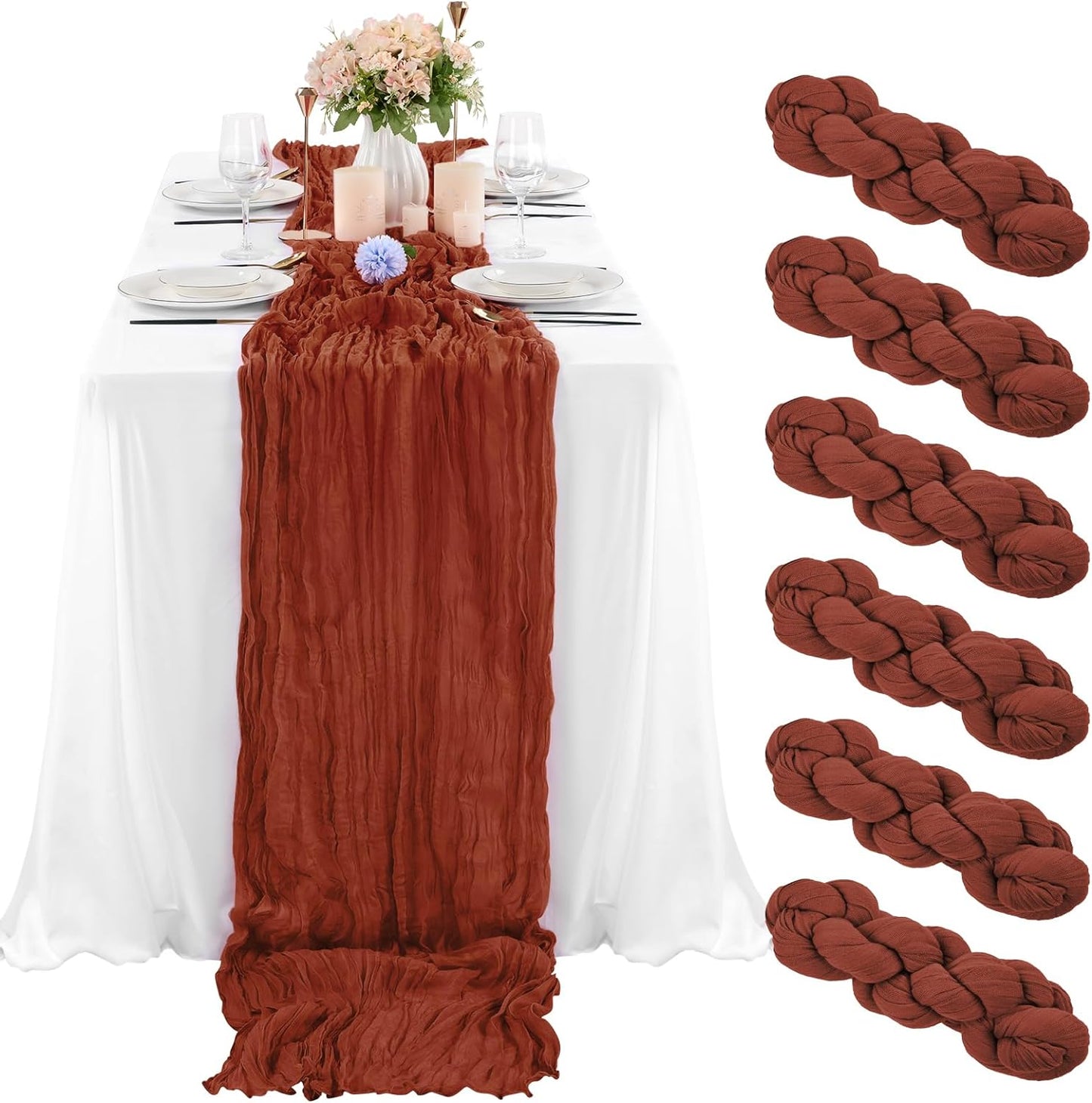 6 Pcs Sage Green Cheesecloth Table Runner 10FT, Gauze Table Runner for Wedding Reception Sheer Bridal Shower Birthday Party Boho Table Decoration, Rustic Romantic Wedding Runner