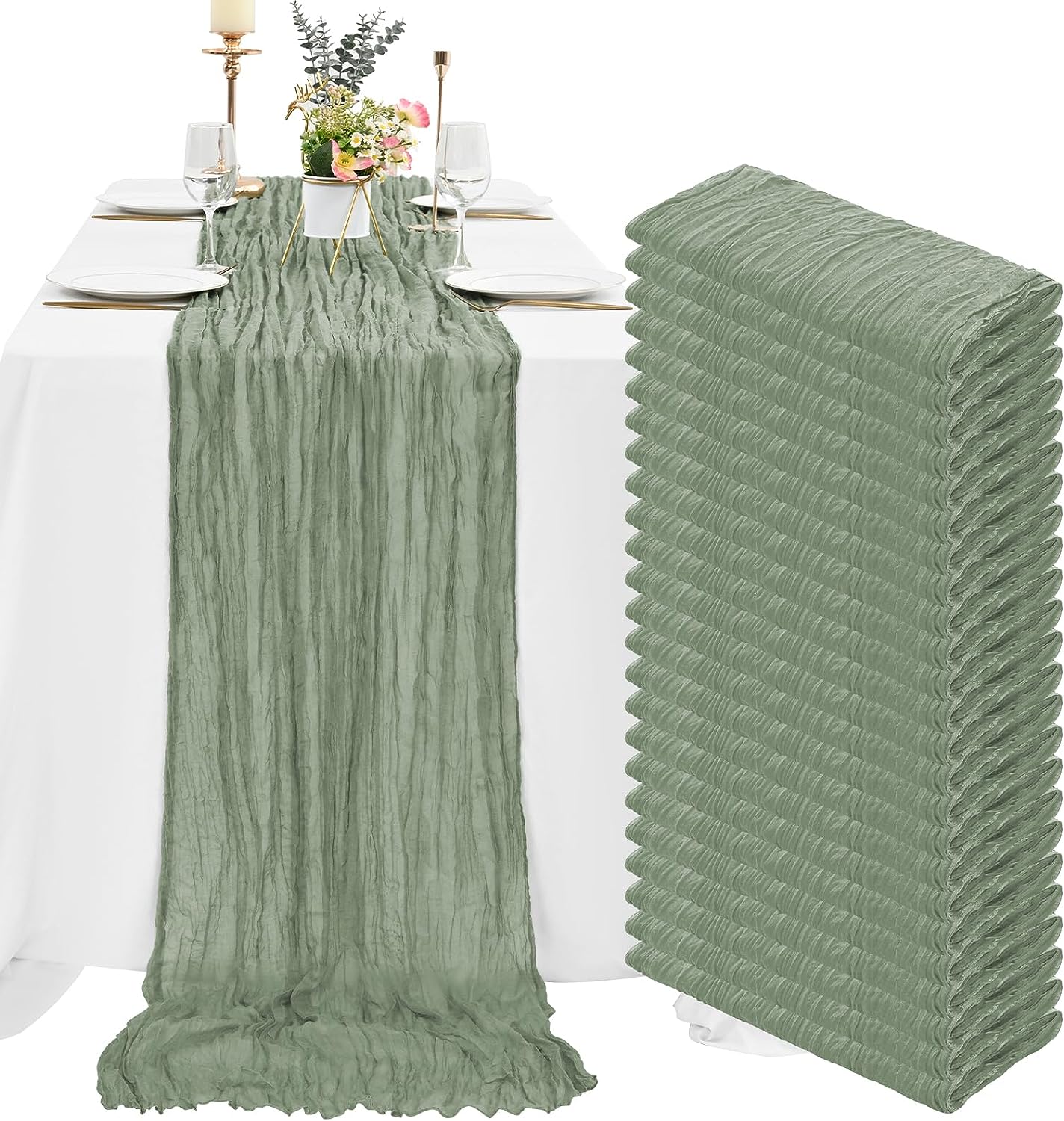 6 Pcs Sage Green Cheesecloth Table Runner 10FT, Gauze Table Runner for Wedding Reception Sheer Bridal Shower Birthday Party Boho Table Decoration, Rustic Romantic Wedding Runner