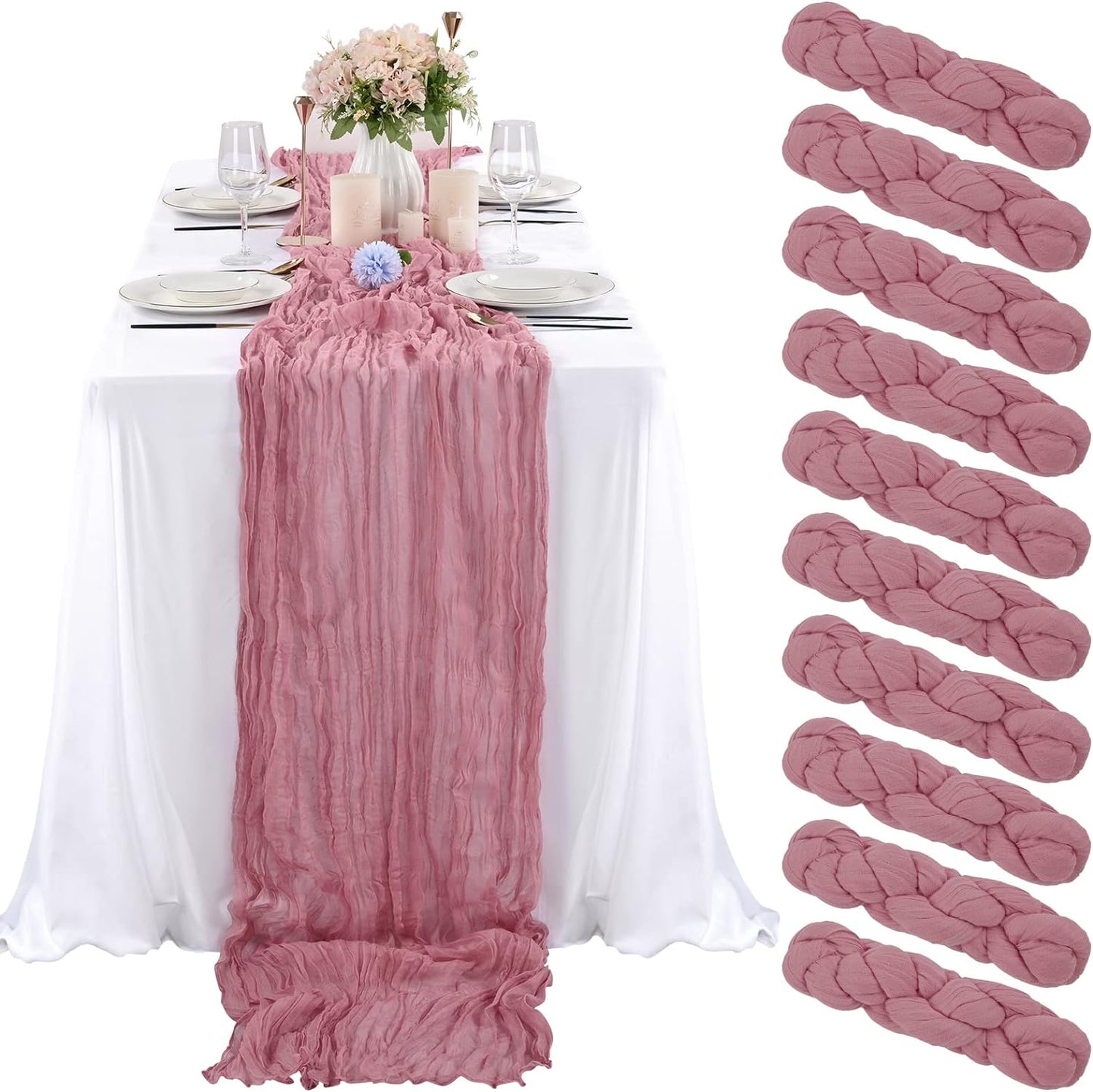 6 Pcs Sage Green Cheesecloth Table Runner 10FT, Gauze Table Runner for Wedding Reception Sheer Bridal Shower Birthday Party Boho Table Decoration, Rustic Romantic Wedding Runner