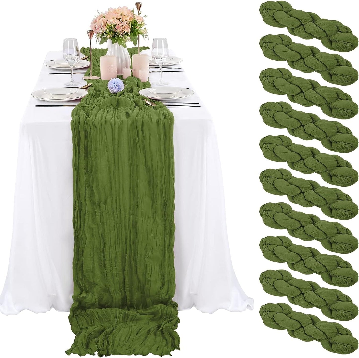 6 Pcs Sage Green Cheesecloth Table Runner 10FT, Gauze Table Runner for Wedding Reception Sheer Bridal Shower Birthday Party Boho Table Decoration, Rustic Romantic Wedding Runner