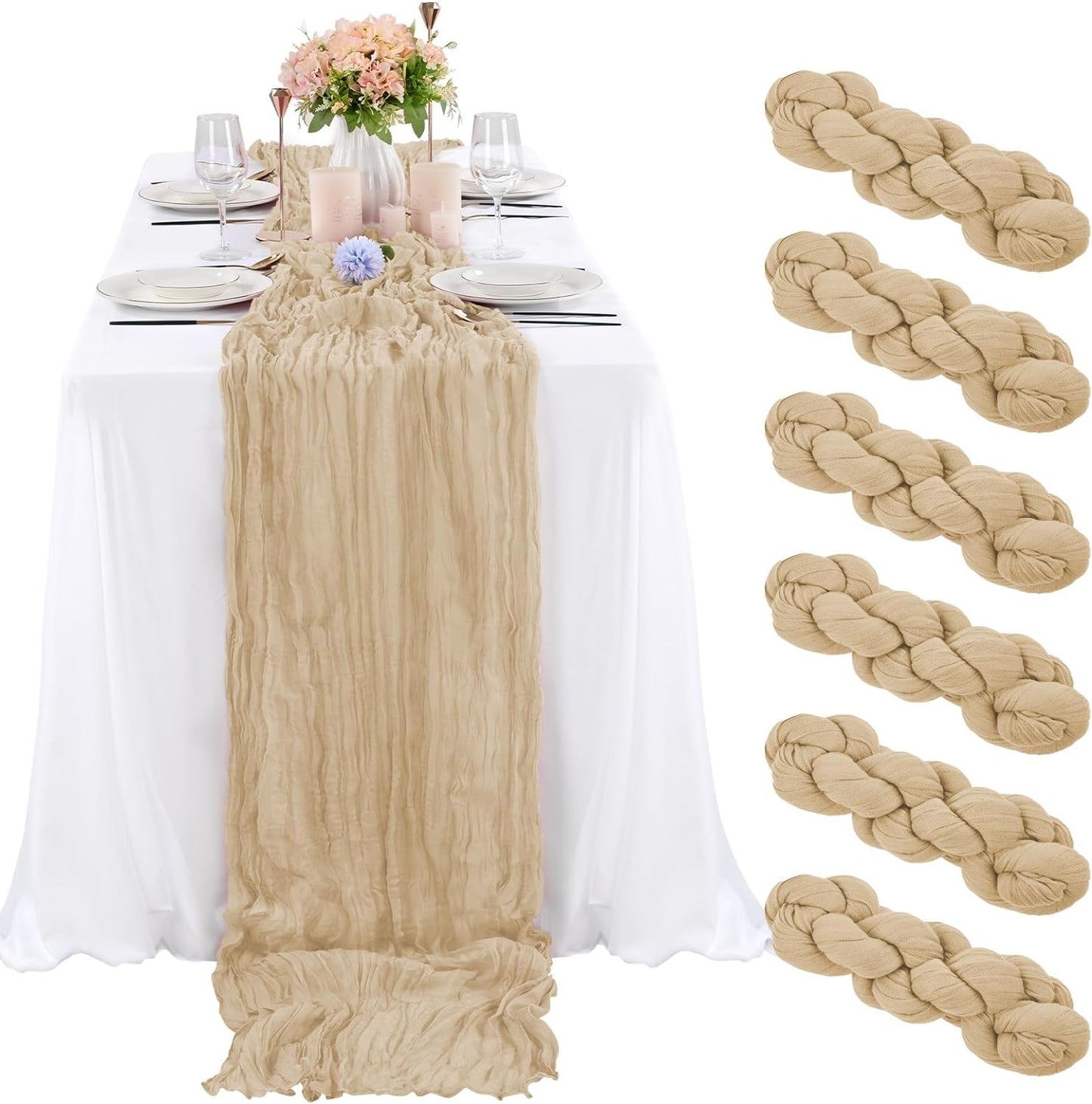 6 Pcs Sage Green Cheesecloth Table Runner 10FT, Gauze Table Runner for Wedding Reception Sheer Bridal Shower Birthday Party Boho Table Decoration, Rustic Romantic Wedding Runner