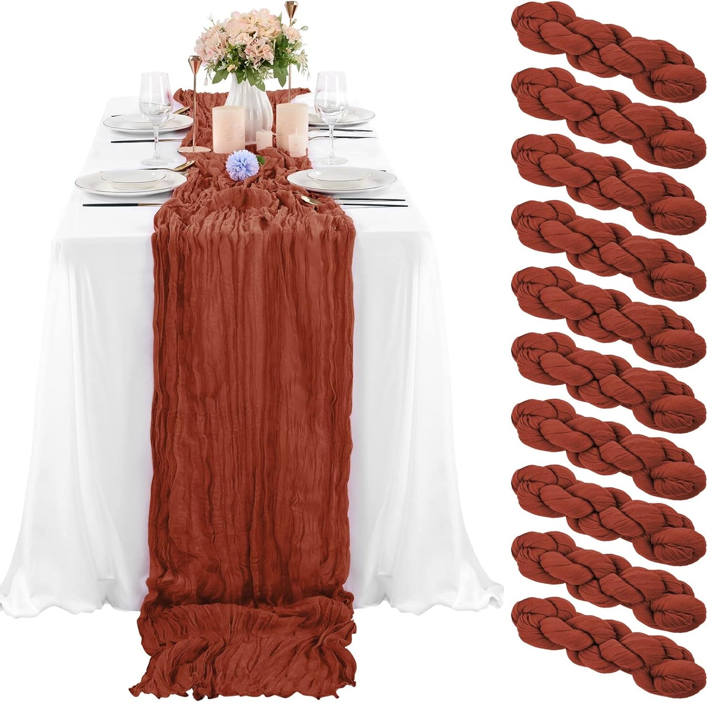 6 Pcs Sage Green Cheesecloth Table Runner 10FT, Gauze Table Runner for Wedding Reception Sheer Bridal Shower Birthday Party Boho Table Decoration, Rustic Romantic Wedding Runner