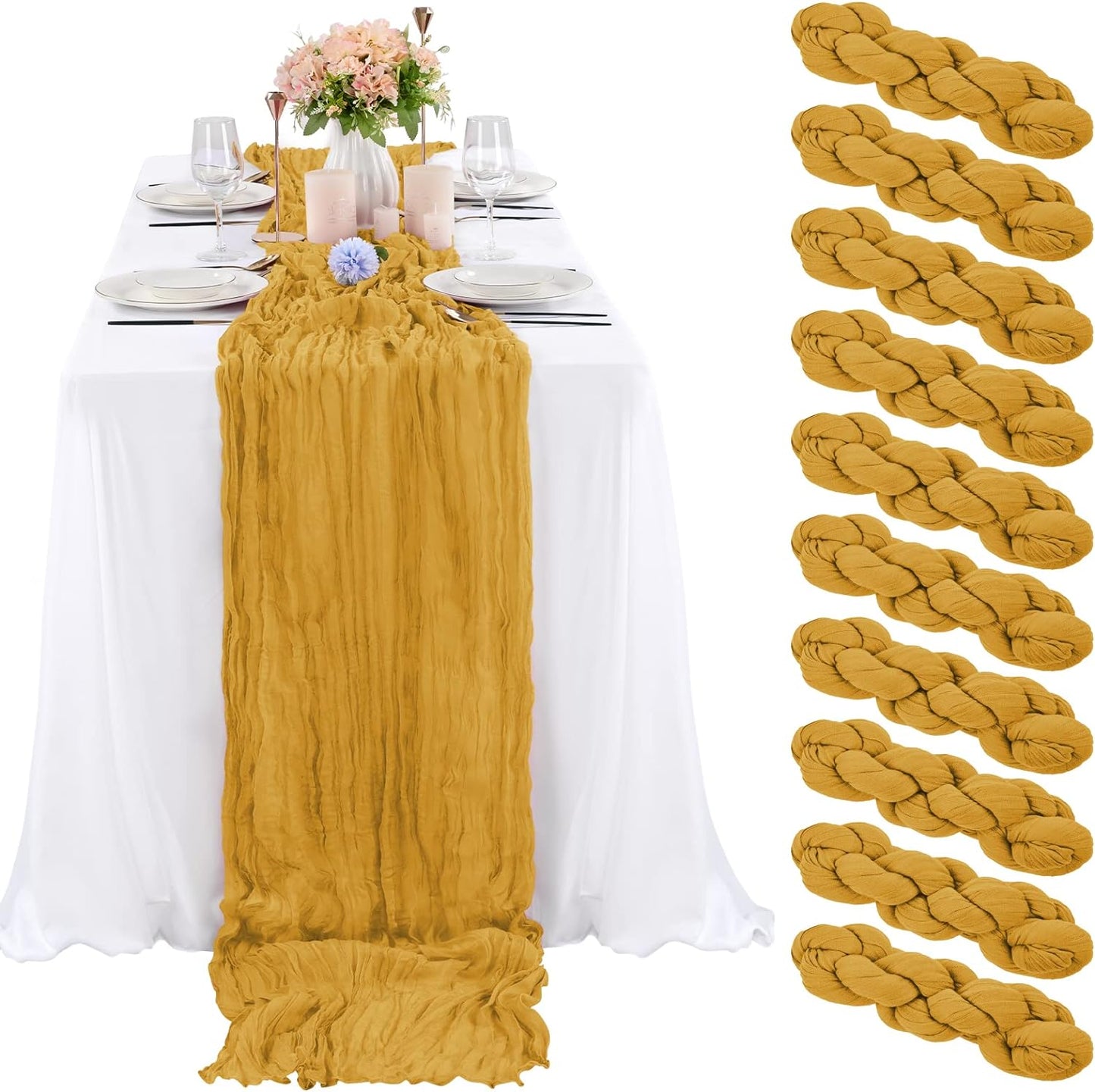6 Pcs Sage Green Cheesecloth Table Runner 10FT, Gauze Table Runner for Wedding Reception Sheer Bridal Shower Birthday Party Boho Table Decoration, Rustic Romantic Wedding Runner