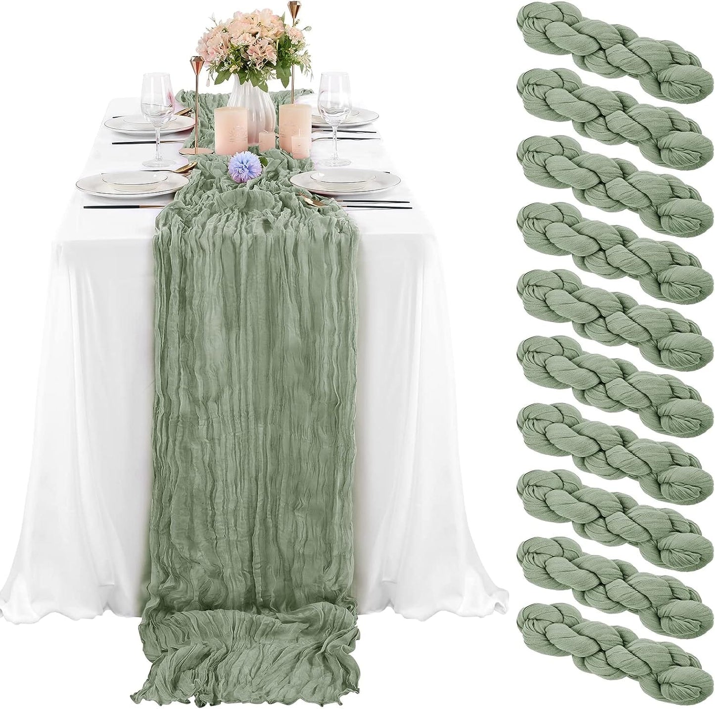 6 Pcs Sage Green Cheesecloth Table Runner 10FT, Gauze Table Runner for Wedding Reception Sheer Bridal Shower Birthday Party Boho Table Decoration, Rustic Romantic Wedding Runner
