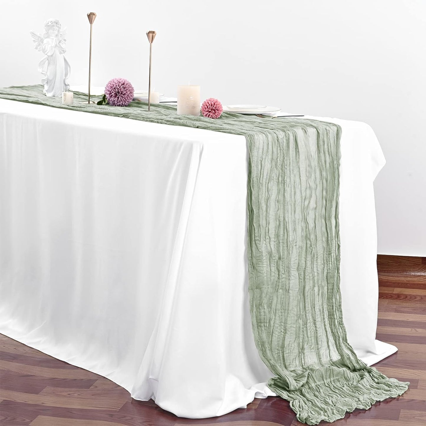 6 Pcs Sage Green Cheesecloth Table Runner 10FT, Gauze Table Runner for Wedding Reception Sheer Bridal Shower Birthday Party Boho Table Decoration, Rustic Romantic Wedding Runner
