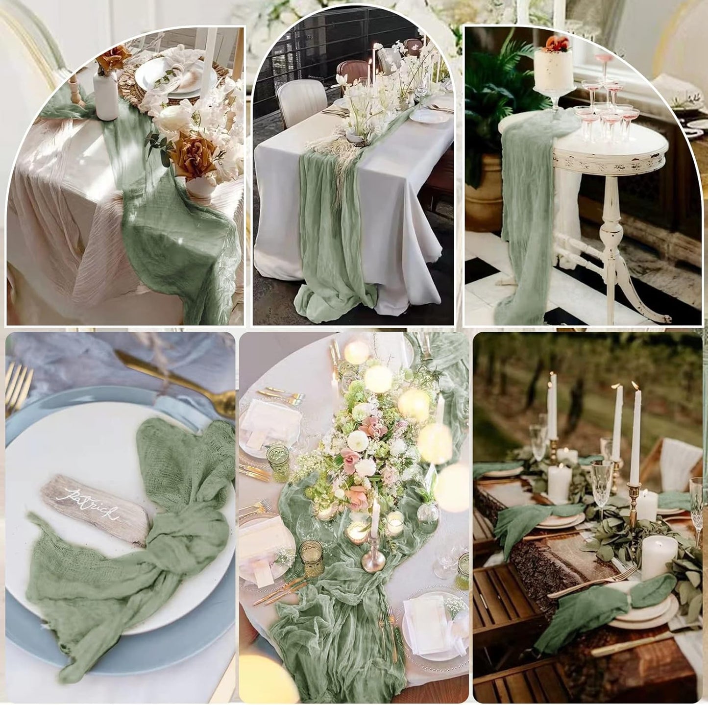 6 Pcs Sage Green Cheesecloth Table Runner 10FT, Gauze Table Runner for Wedding Reception Sheer Bridal Shower Birthday Party Boho Table Decoration, Rustic Romantic Wedding Runner